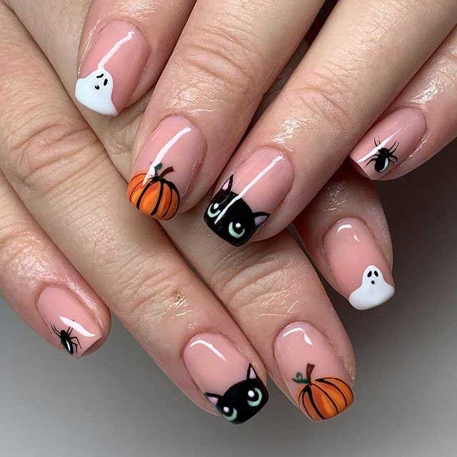 Easy black cat silhouette Halloween nails