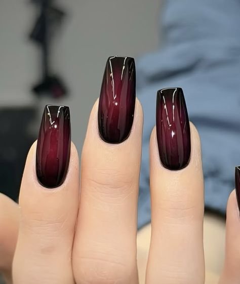 Wine red ombré coffin nails