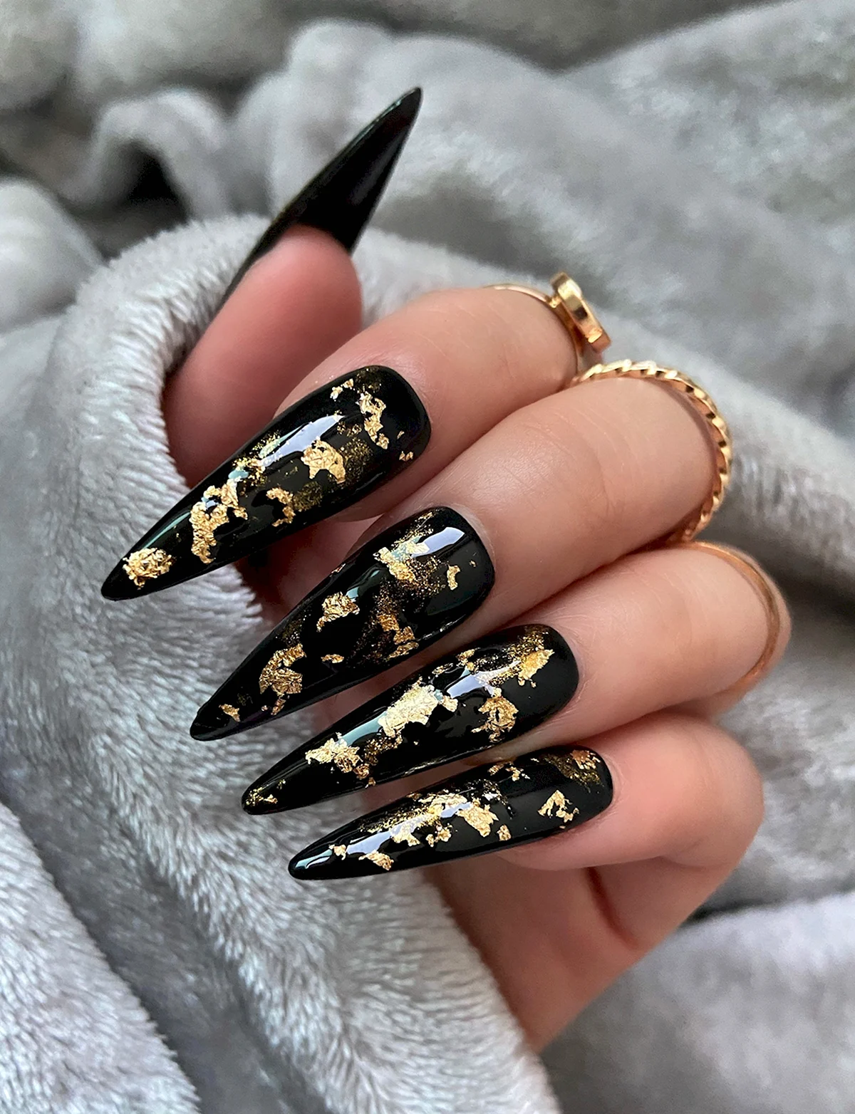 Black coffin nails with gold foil accents