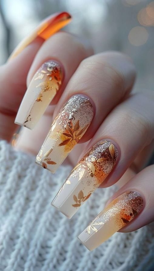 Nude coffin nails with fall leaf nail art
