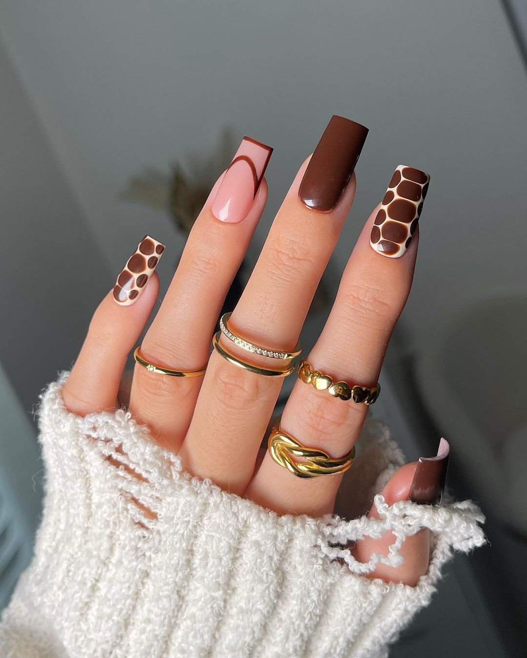 Chocolate and cream color block nails