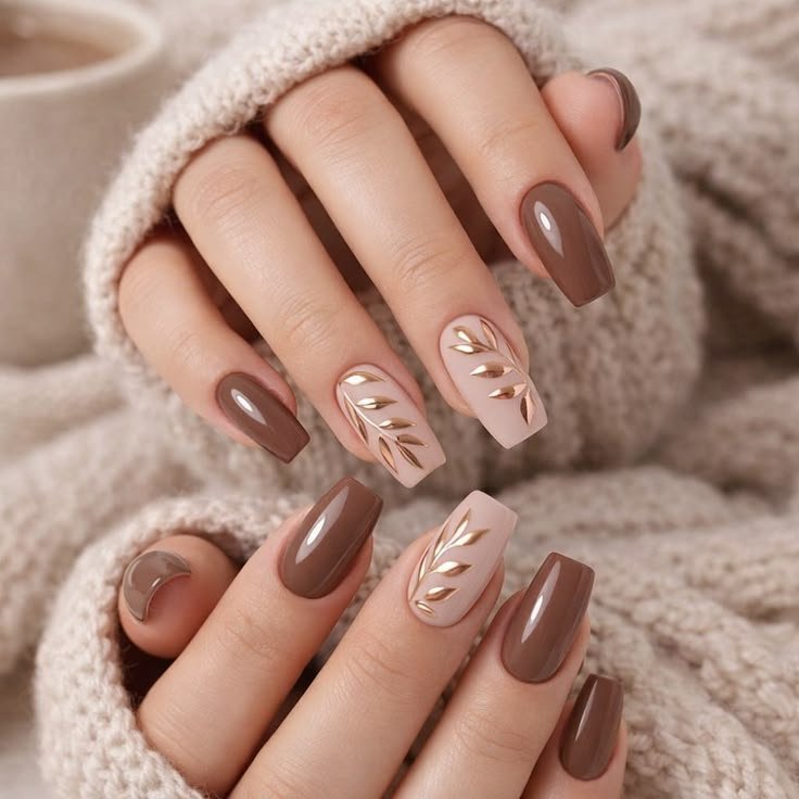 Midnight cocoa brown nails with gold stars