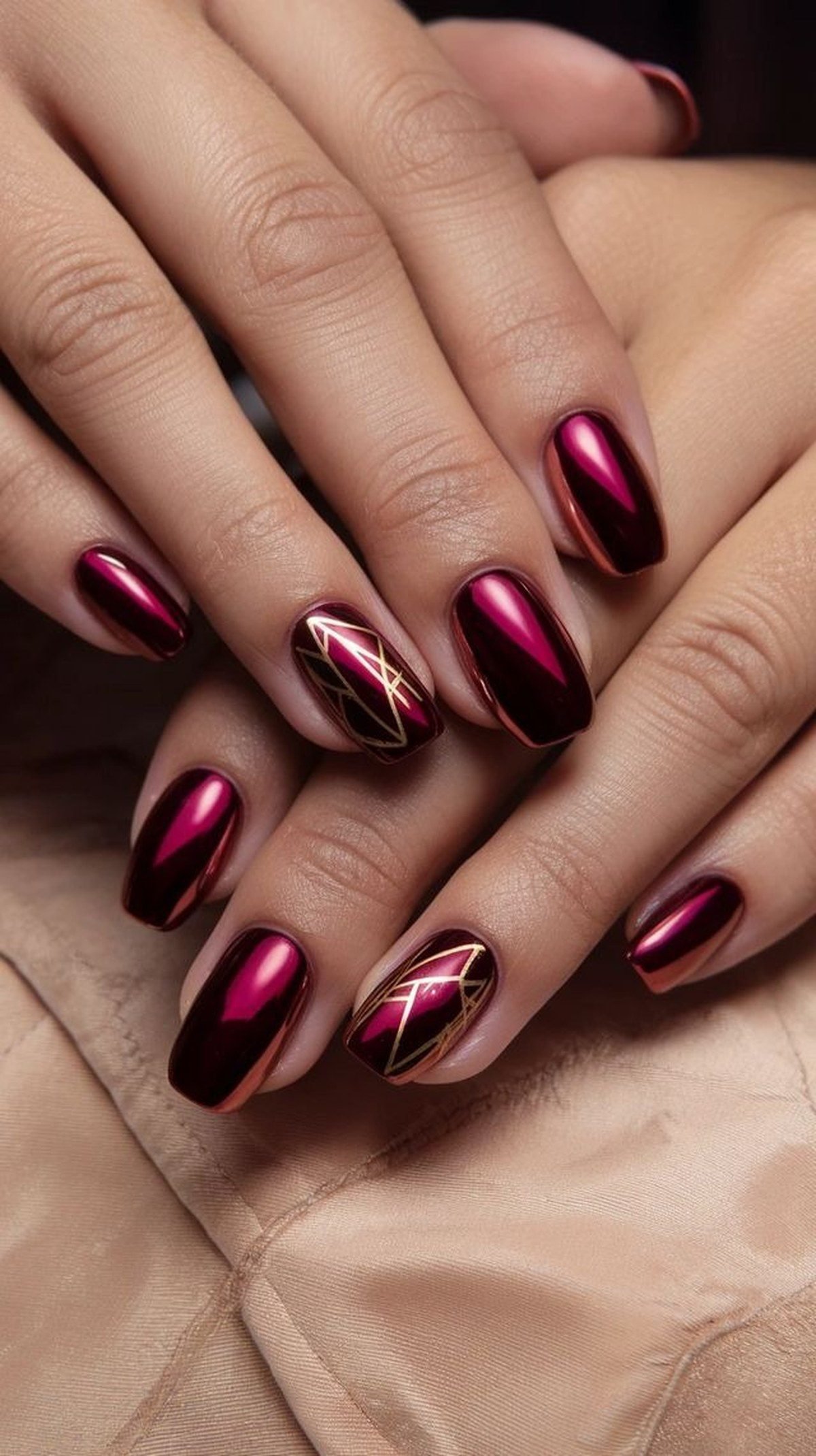Gold chrome nails with burgundy accents for hoco