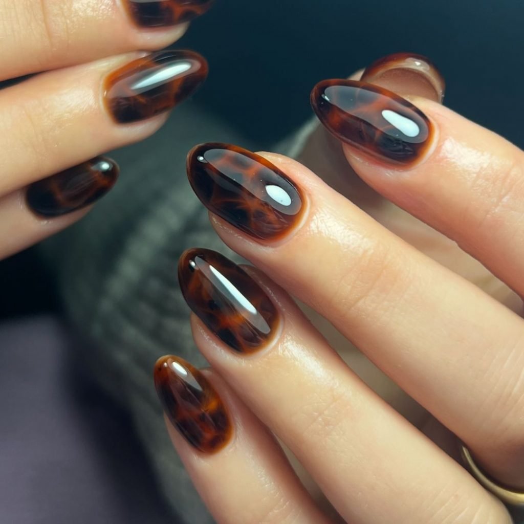 Tortoise shell accent nail with dark brown