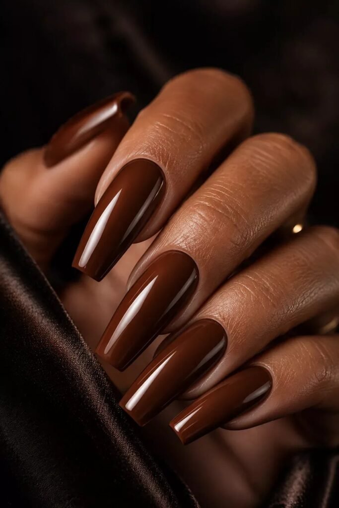 Deep chocolate glossy nails for hoco on Black women