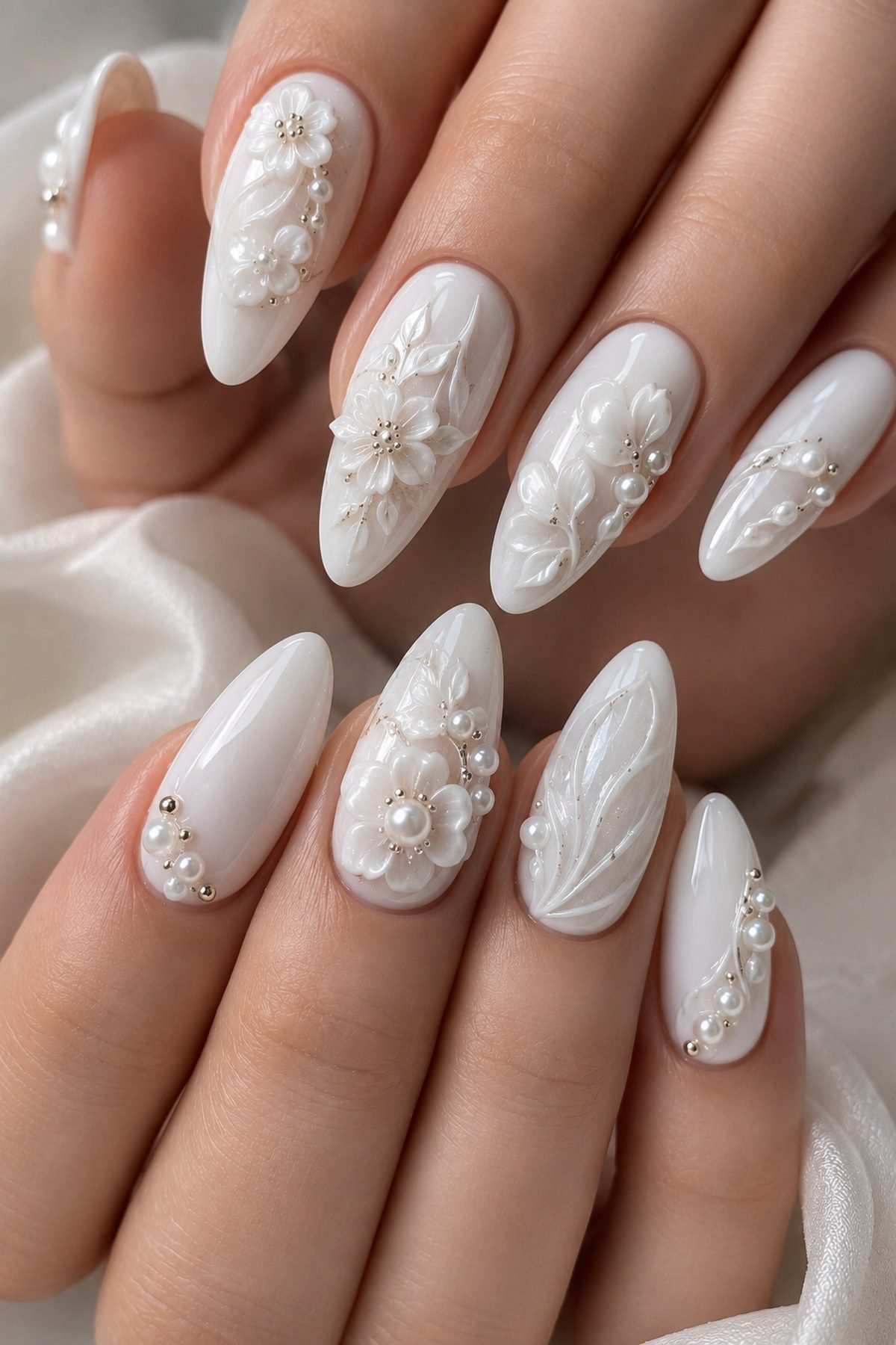 White rose and pearl hoco nails matching a corsage