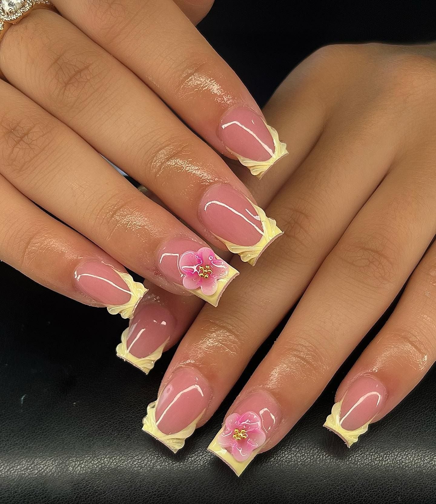 Pink carnation hoco nails matching a pink corsage