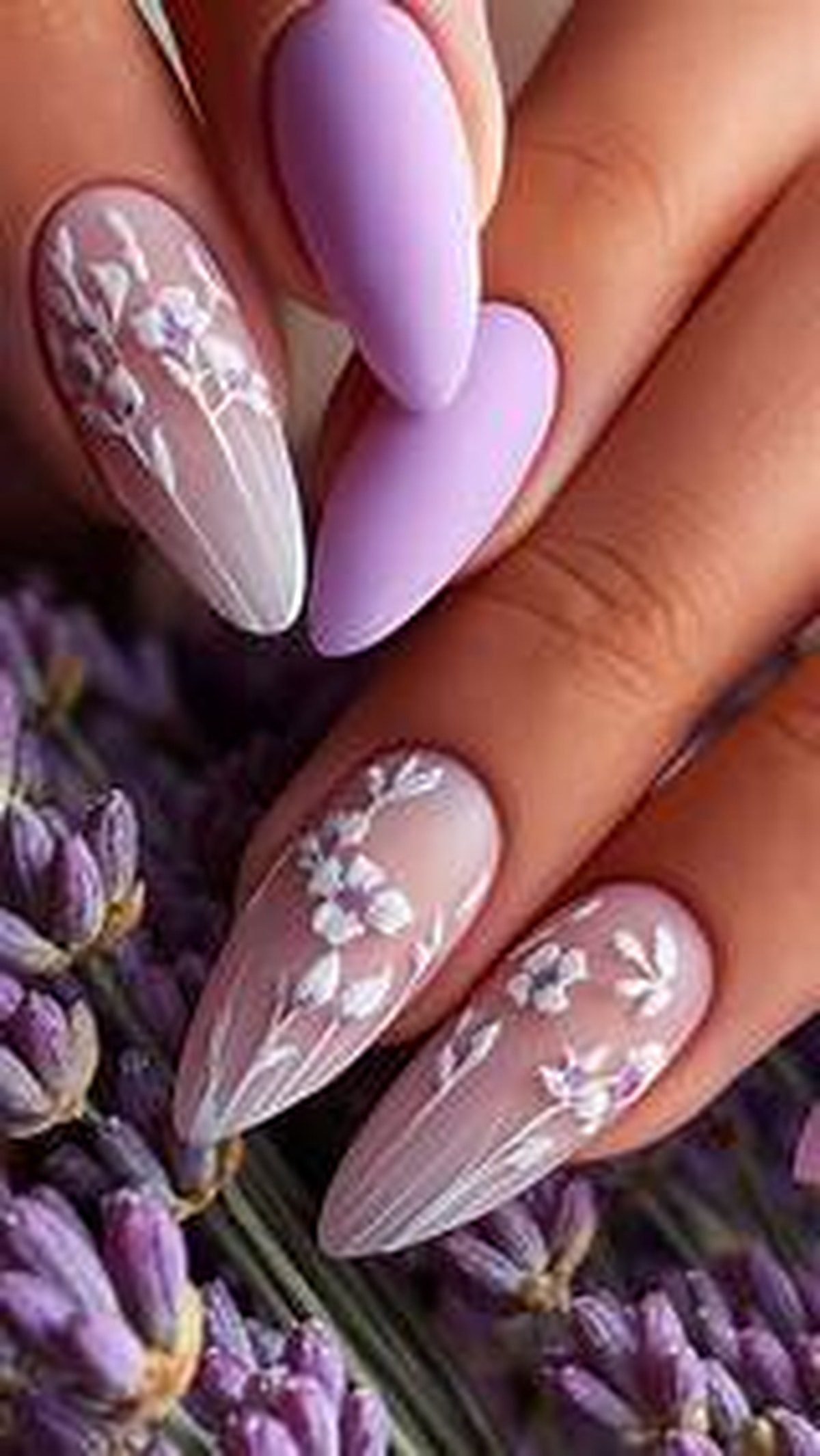 Lavender hoco nails matching a purple corsage