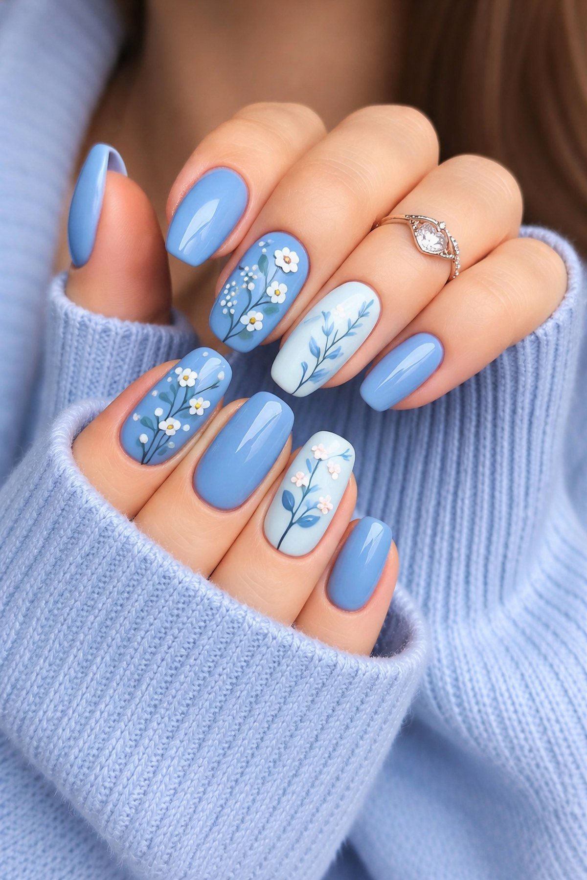 Blue hydrangea hoco nails matching a blue corsage