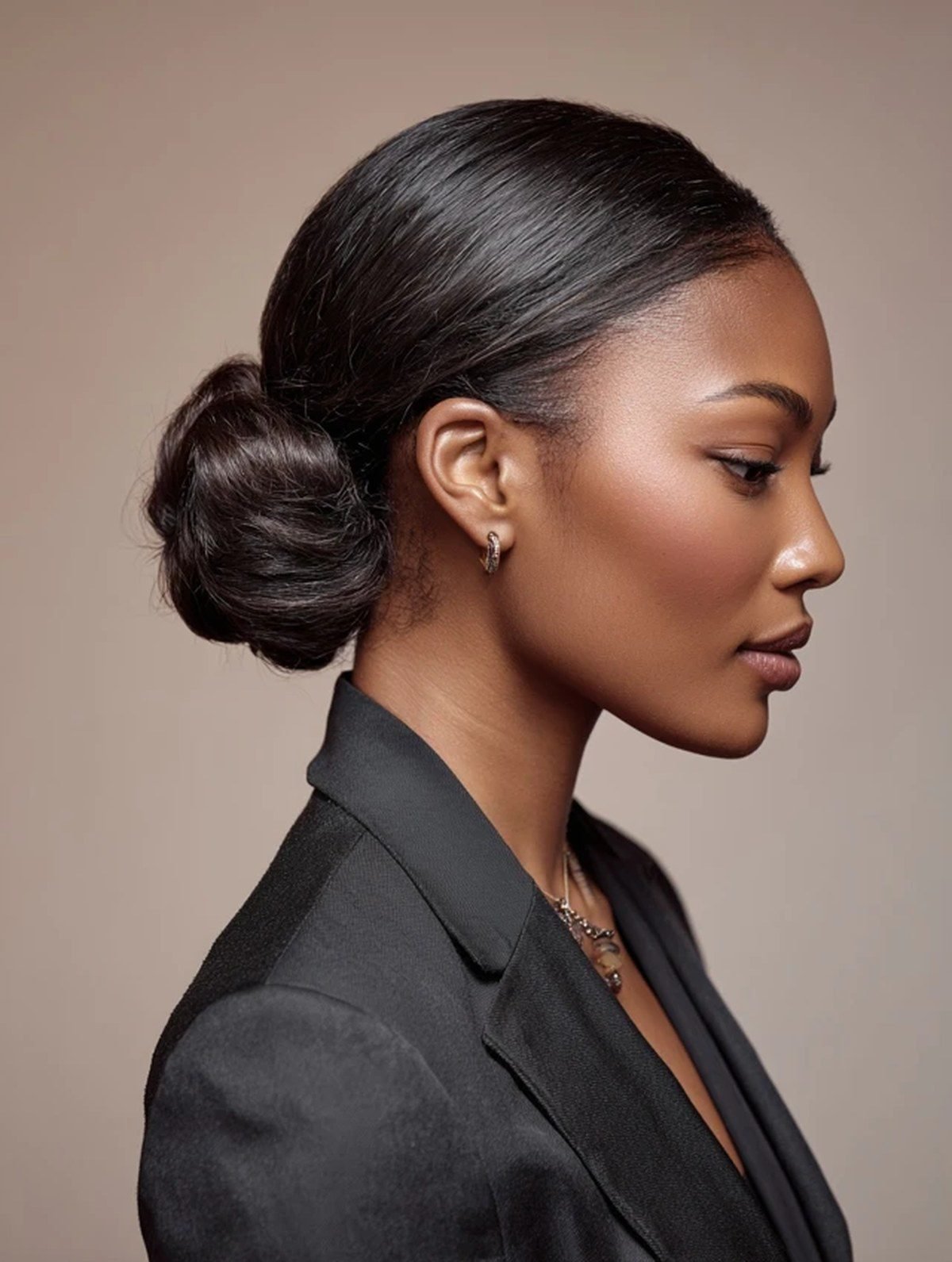 Low sleek bun on natural hair