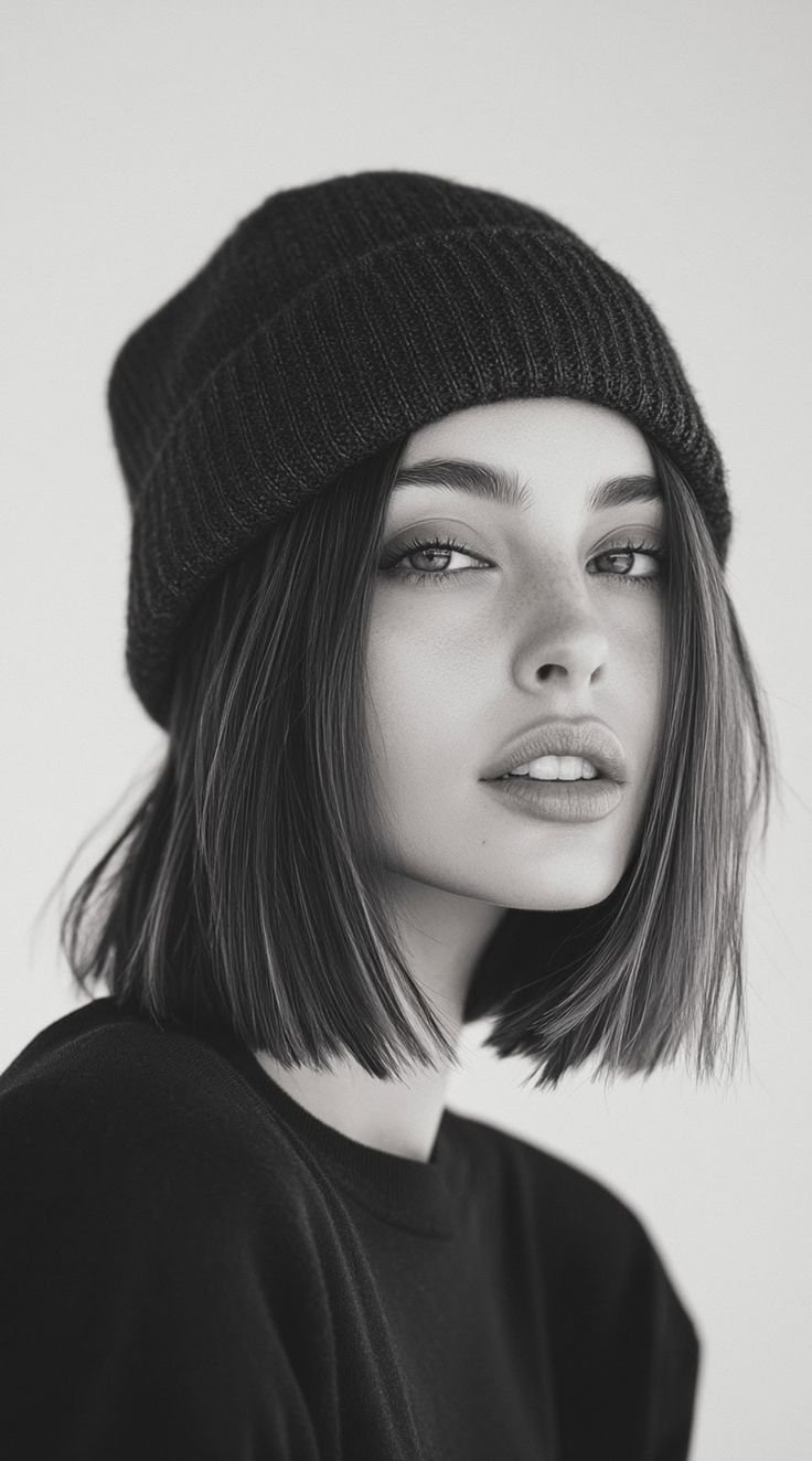 Sleek straight hair under a winter beanie