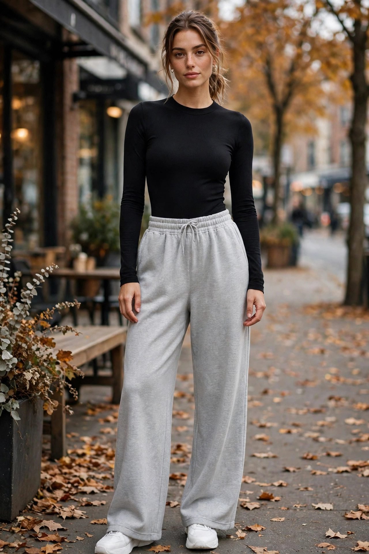 Woman wearing a bodysuit with wide-leg sweatpants