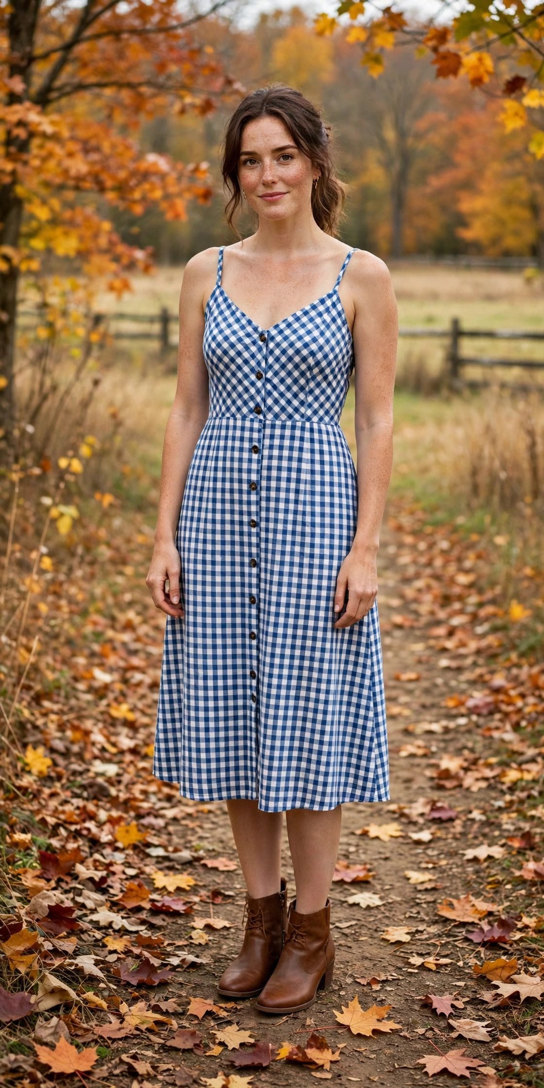 Woman in a gingham dress with ankle boots