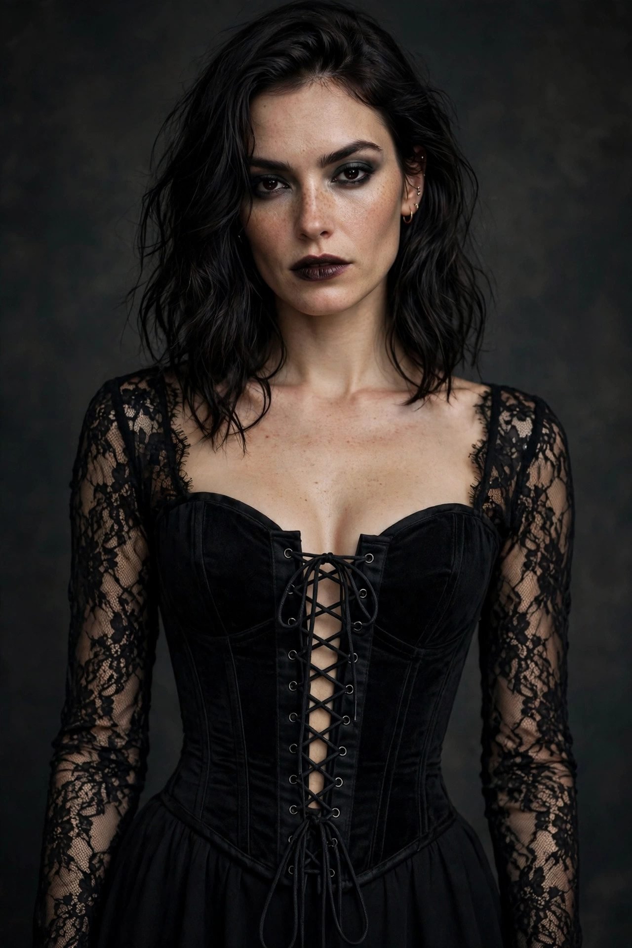 Woman wearing a lace-up bodice dress in black