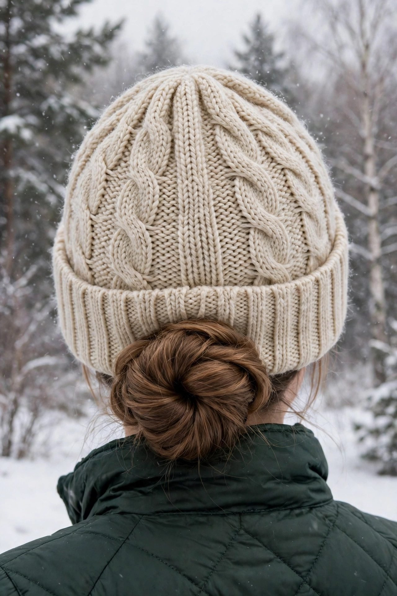 Low twisted chignon under beanie