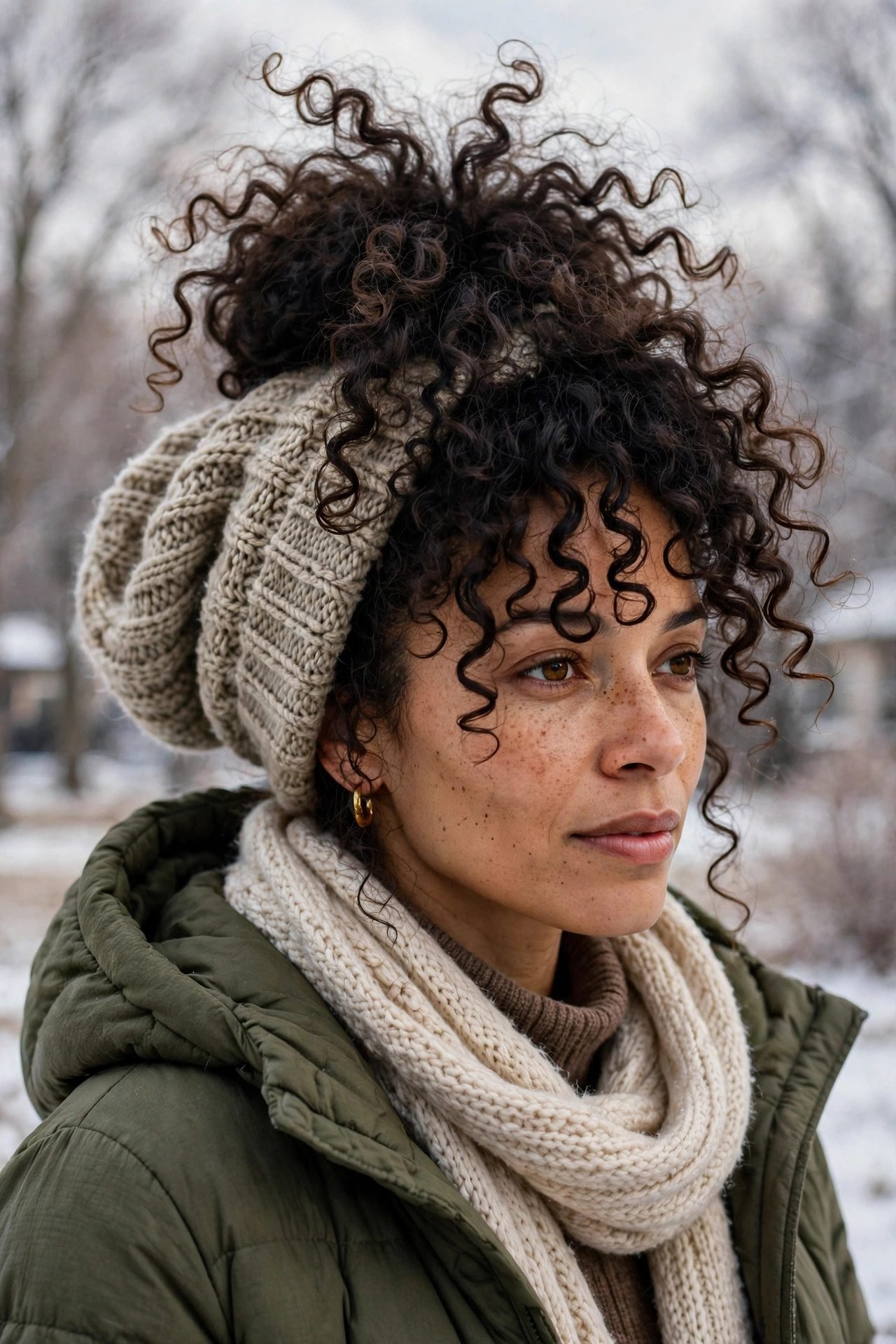 Curly pineapple under a slouchy beanie