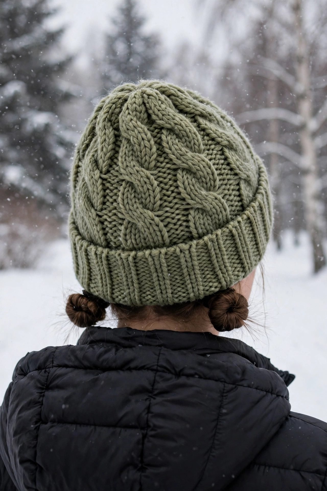 Double low buns peeking under a beanie