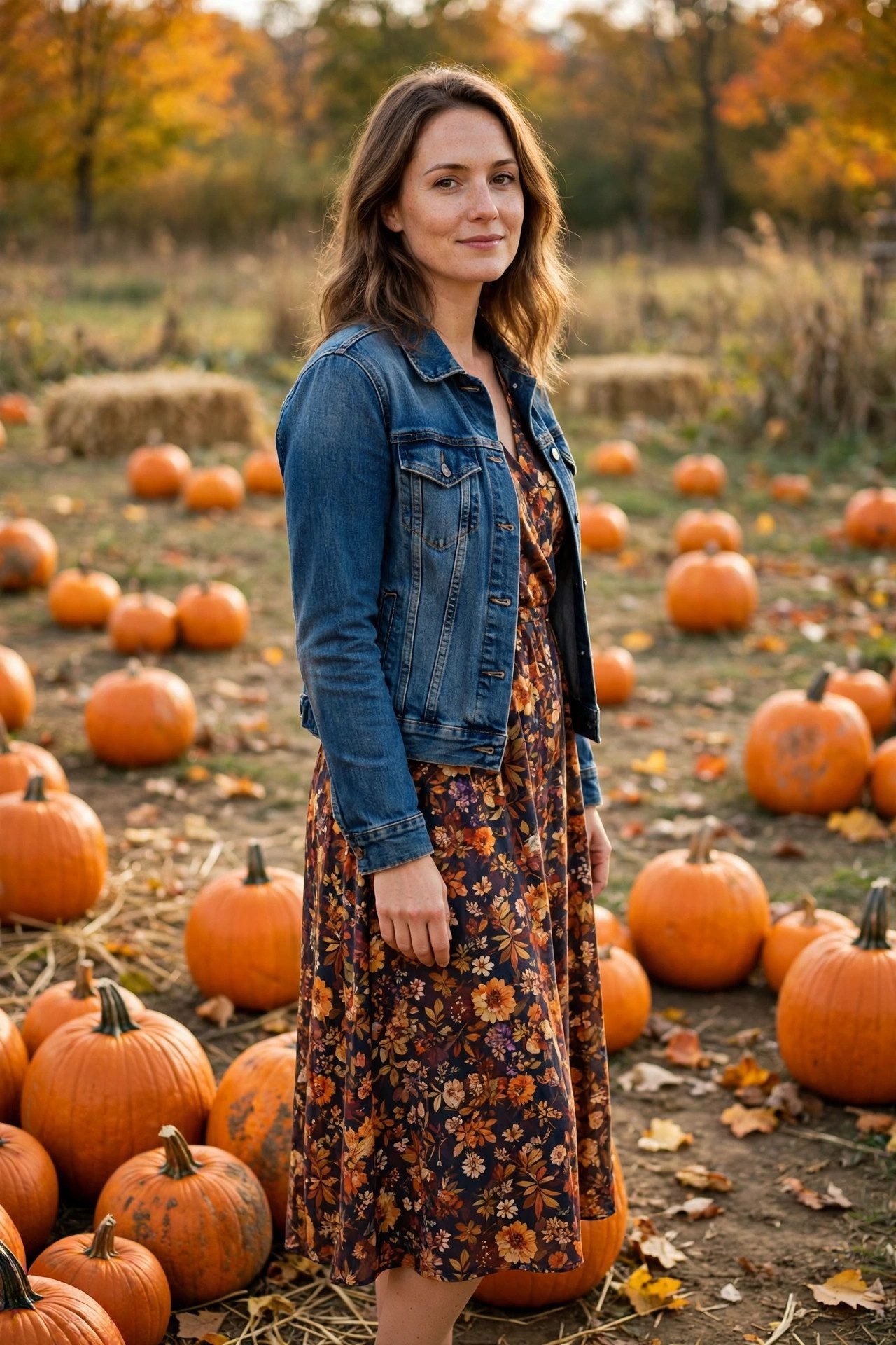 Denim jacket over a fall floral midi dress, a pumpkin patch outfit