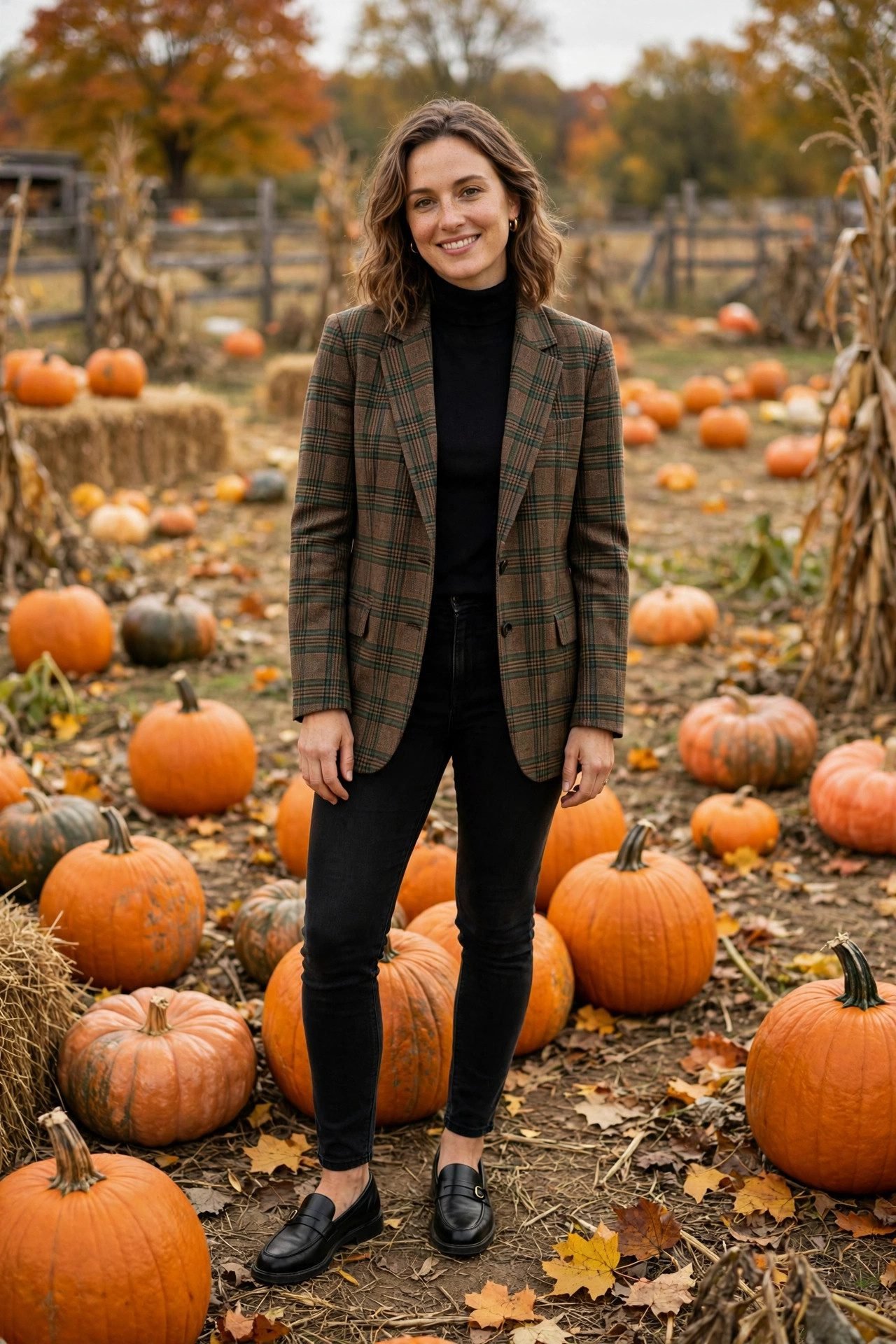 Plaid blazer with black jeans and loafers, a smart pumpkin patch outfit