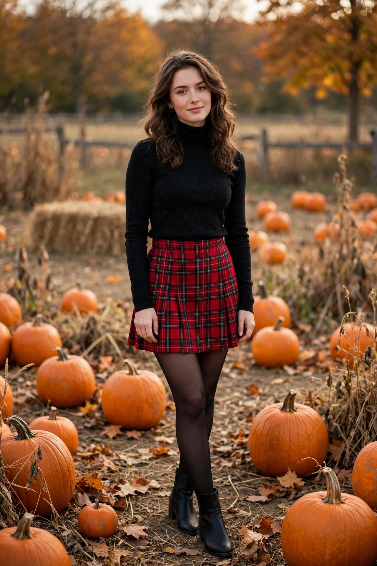 Black turtleneck with a plaid mini skirt and tights for the pumpkin patch
