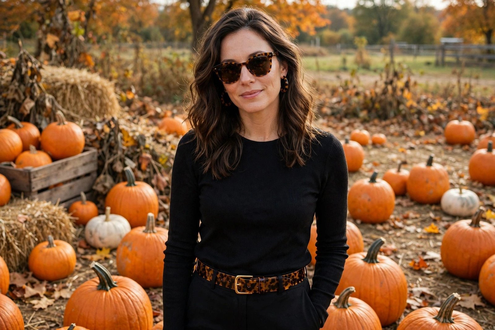 Black base outfit with tortoiseshell accessories for a chic pumpkin patch look