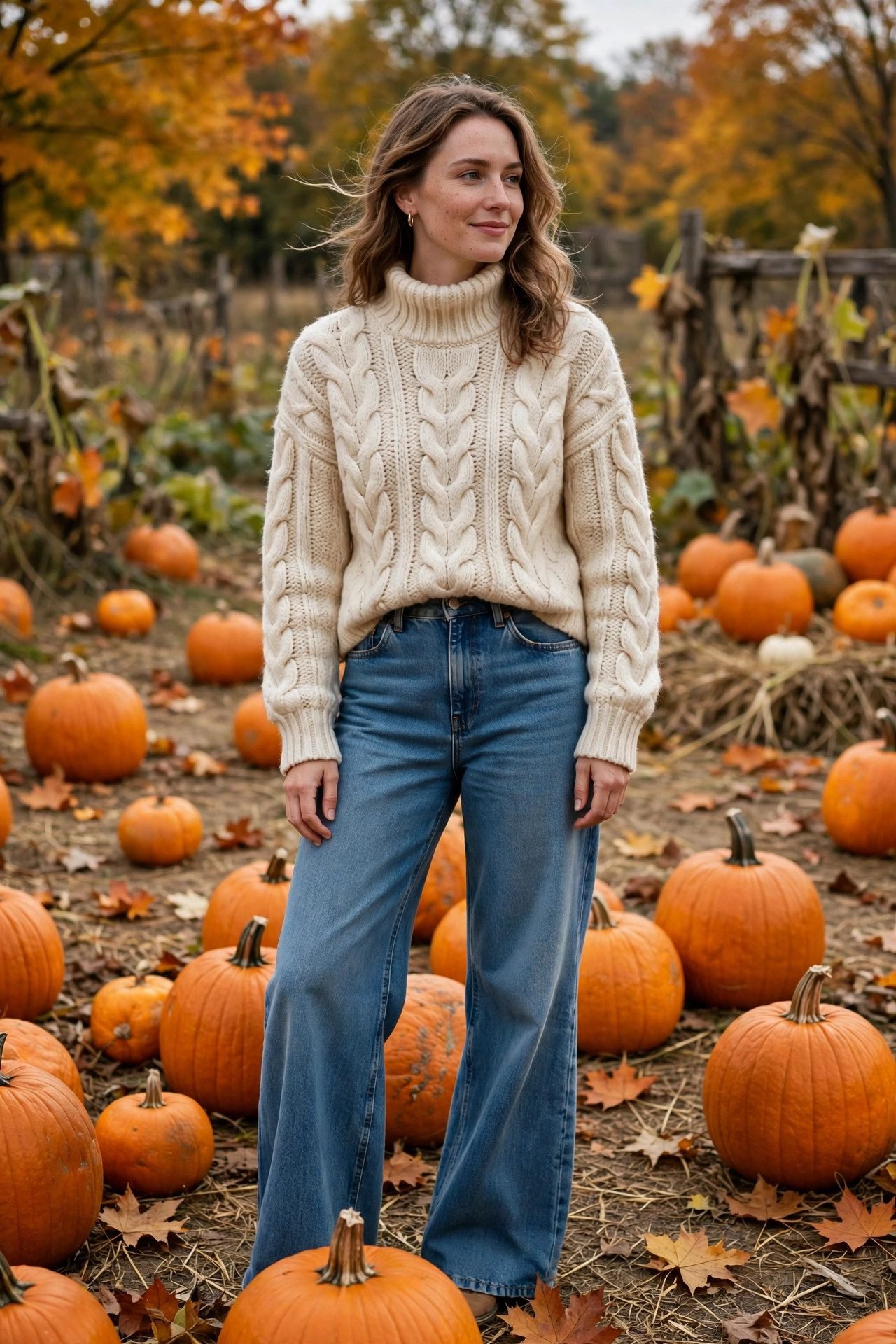 Cable-knit turtleneck with wide-leg jeans, a 2026 pumpkin patch outfit