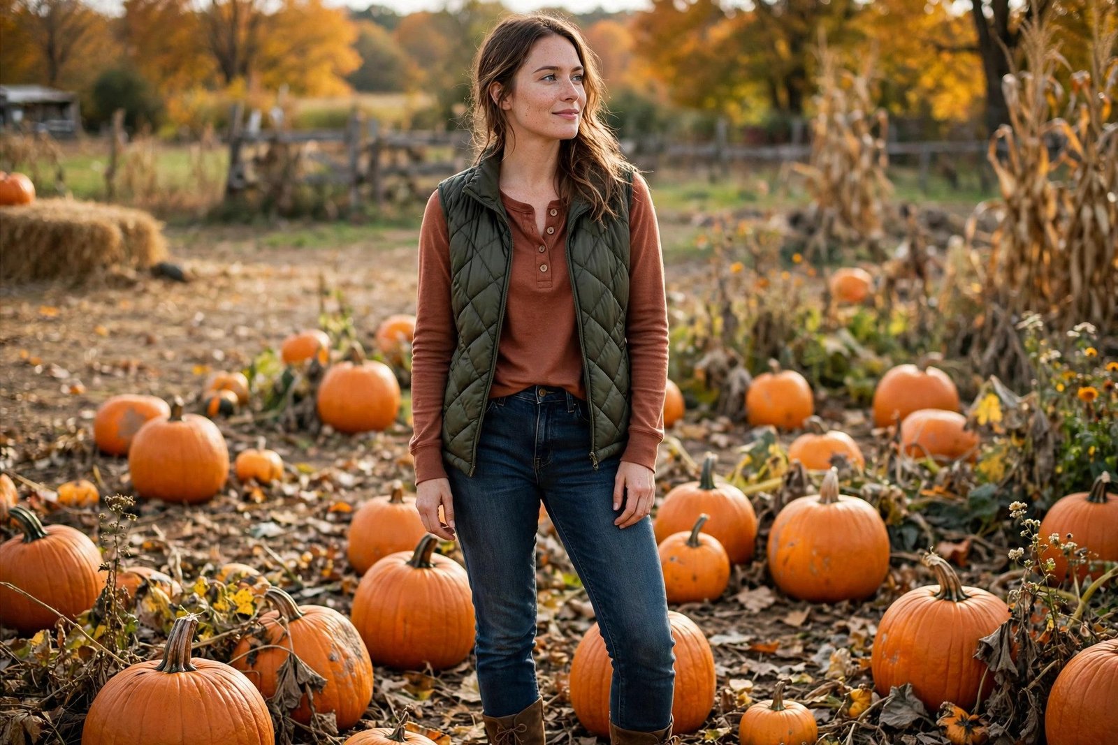 Quilted vest over a henley with dark jeans for a pumpkin patch day