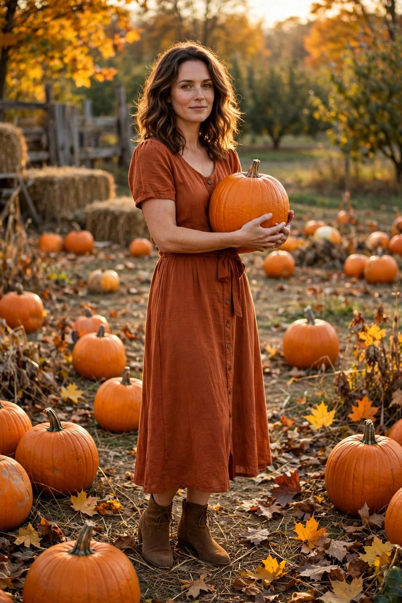 Rust-colored midi dress with ankle boots for pumpkin patch photos