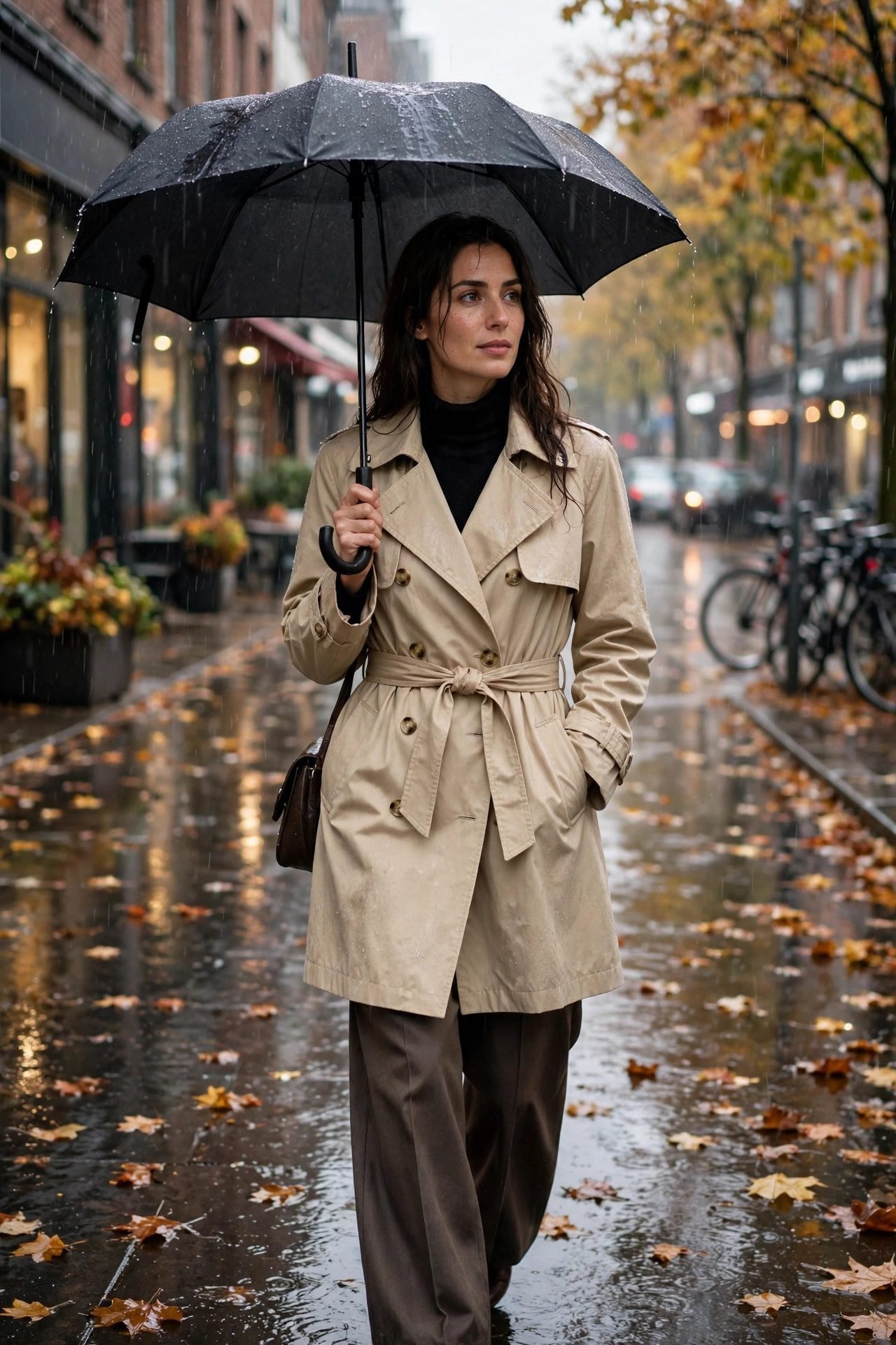 Double-breasted raincoat with wide-leg trousers, a polished rainy outfit