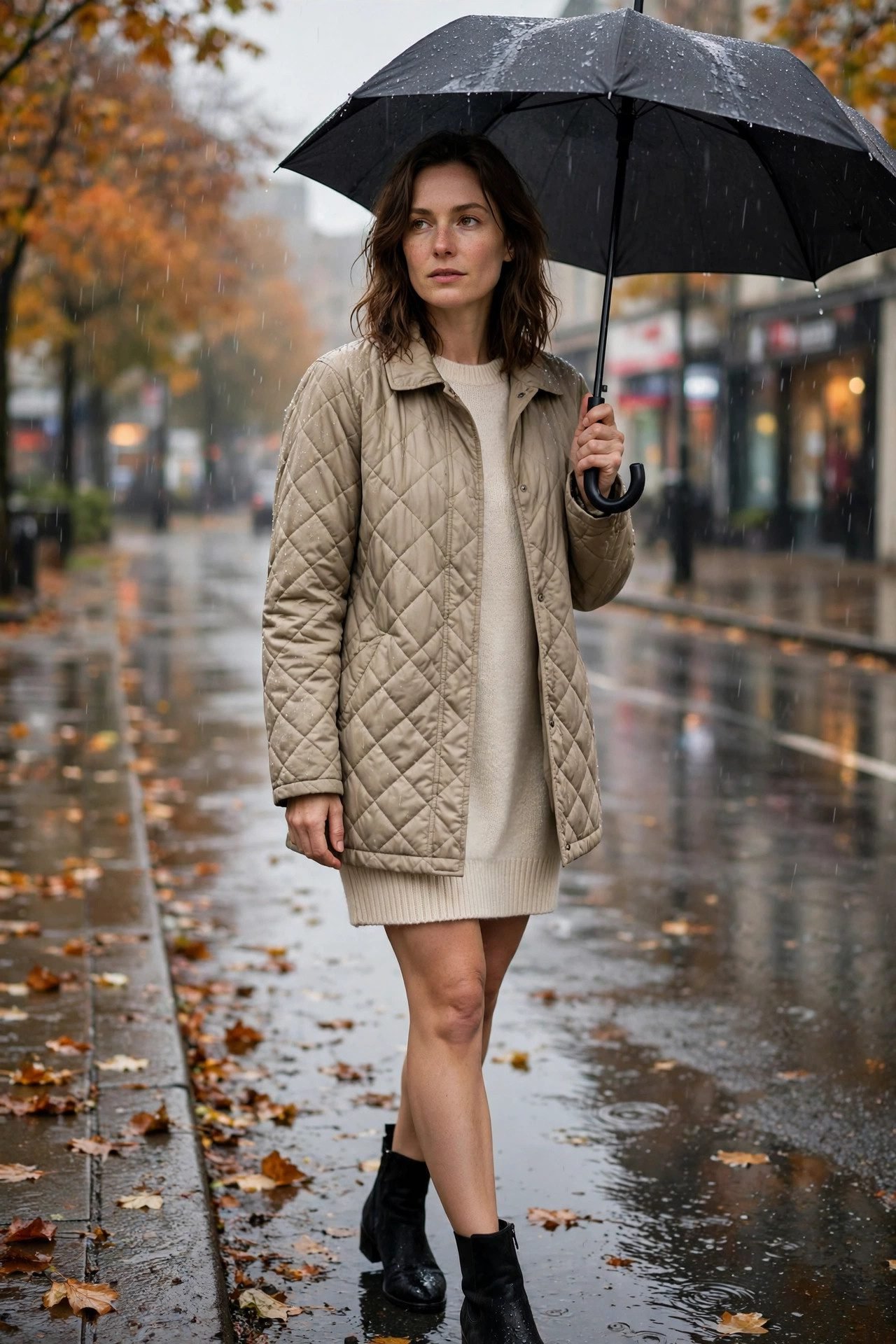 Quilted rain jacket over a sweater dress for a rainy fall day