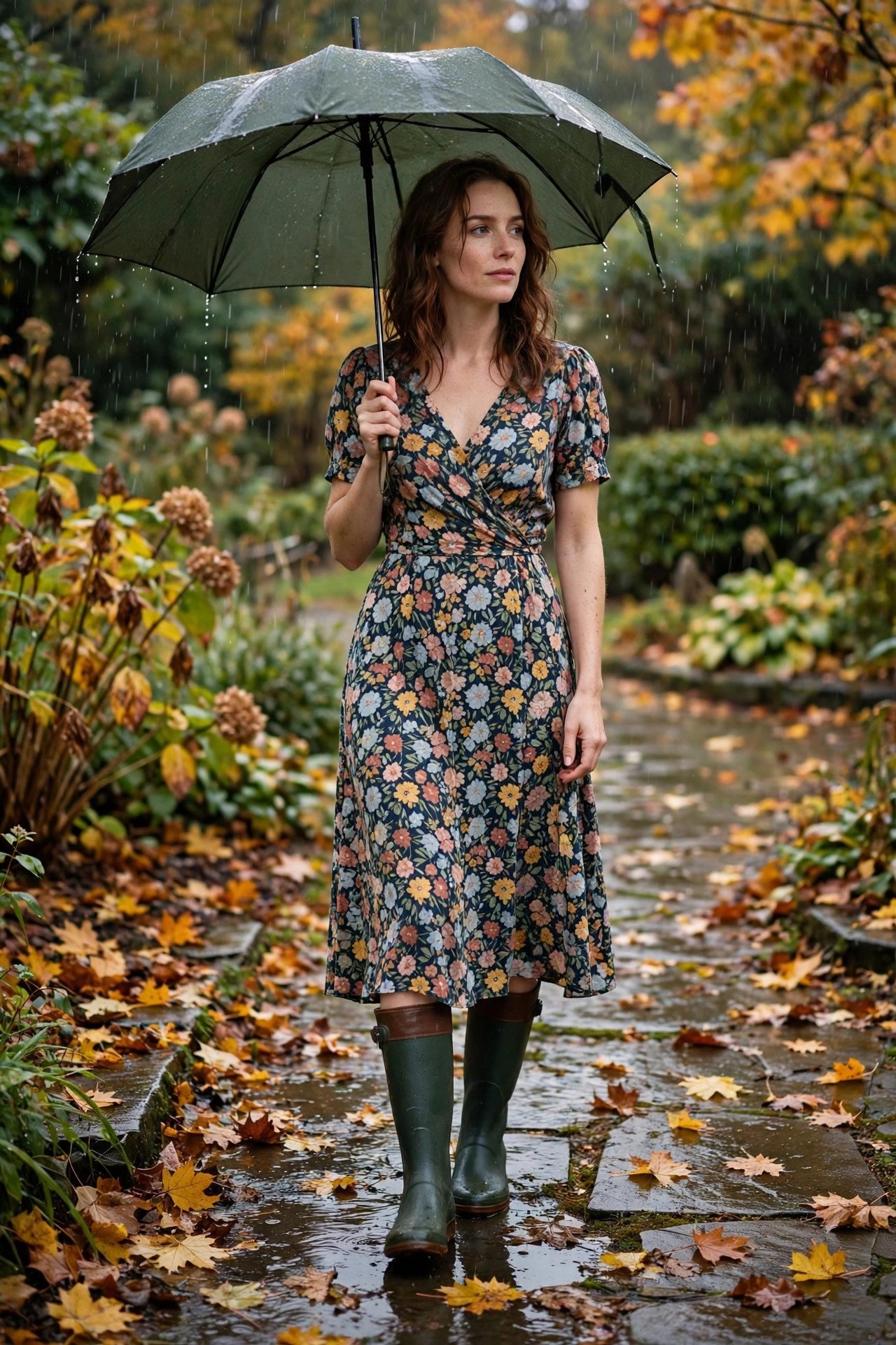 Rain boots with a midi dress, a feminine rainy day fall outfit