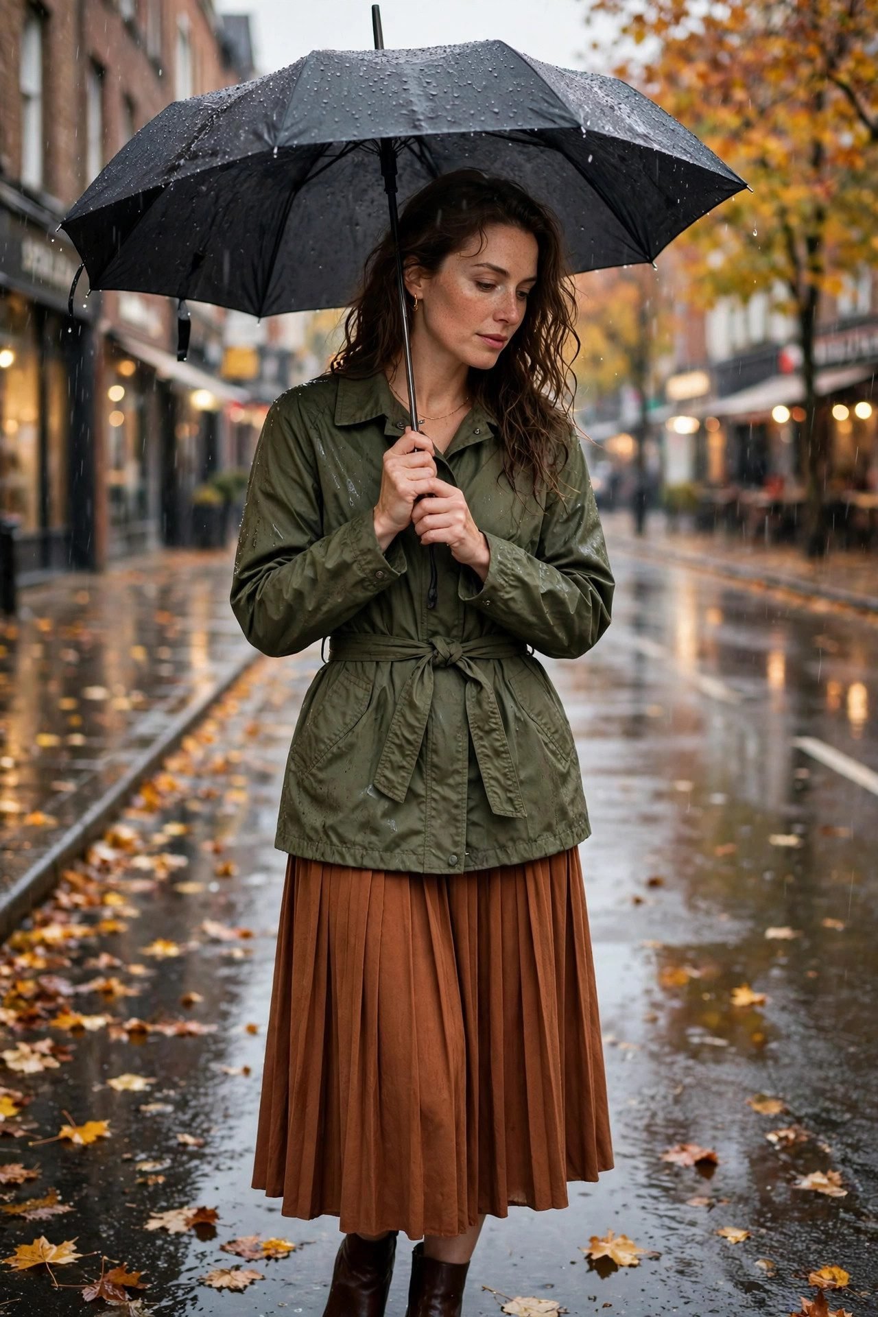 Belted rain jacket with a pleated skirt, a feminine rainy outfit