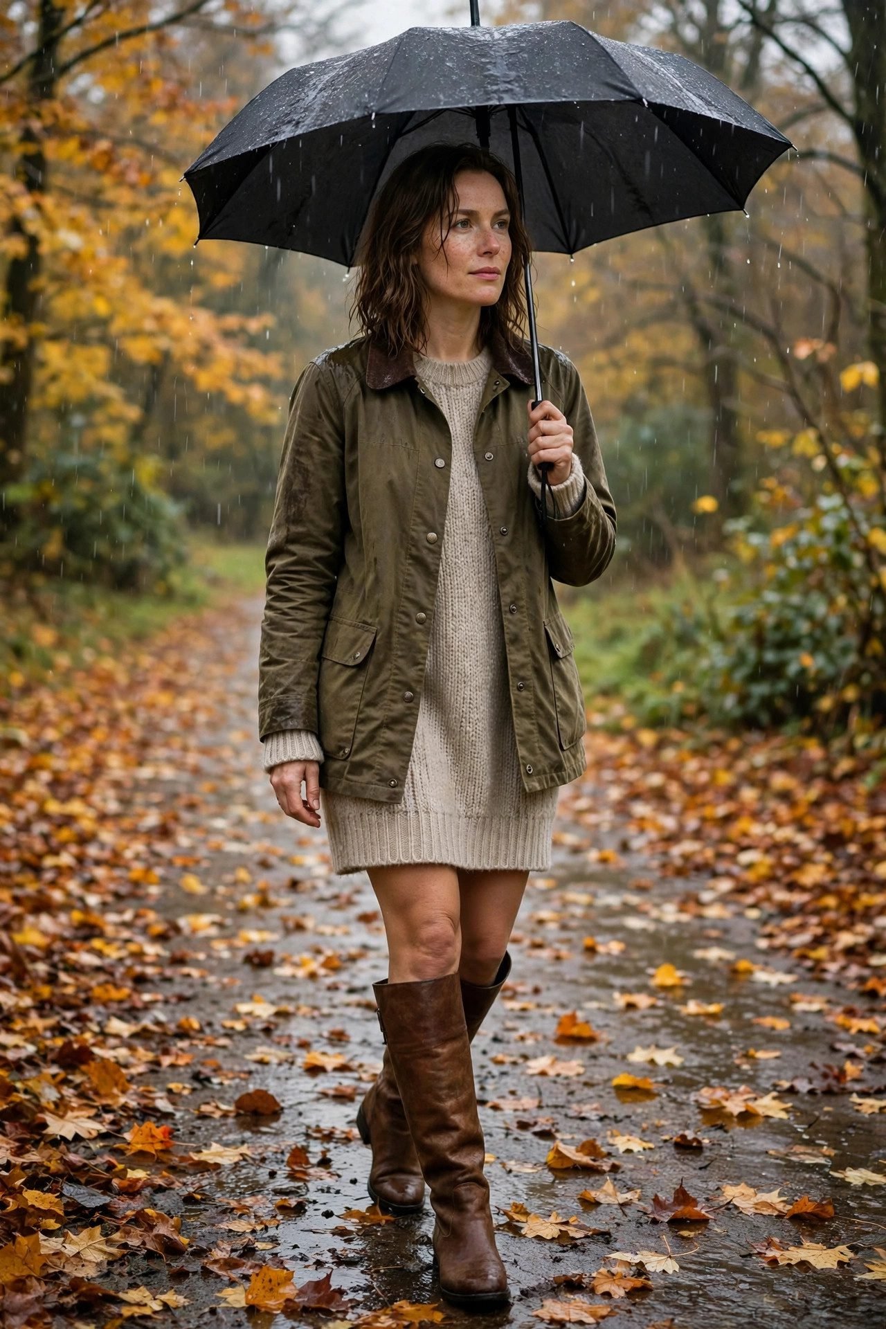 Waxed canvas jacket with a knit dress and boots for a rainy fall day