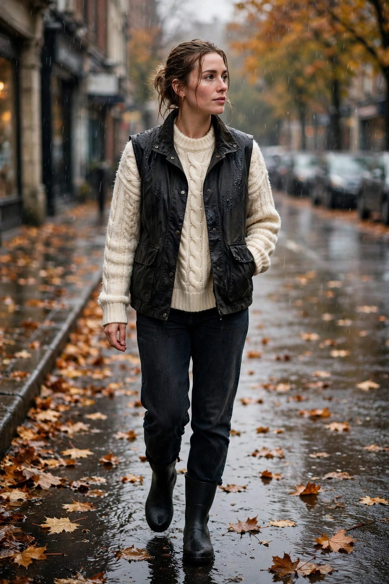 Cozy knit sweater with a waxed vest and dark denim for layered rain protection
