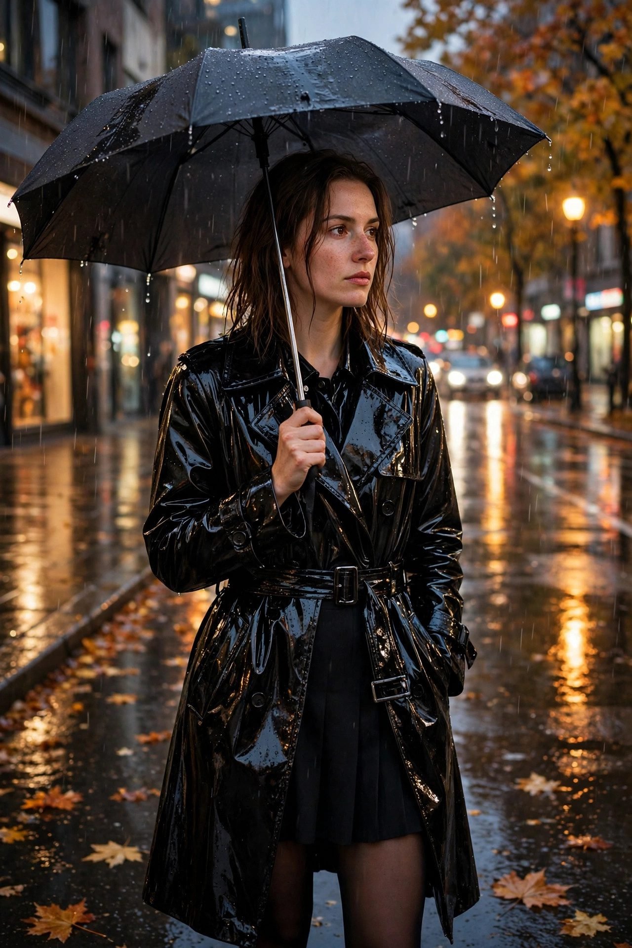 Vinyl trench coat with a mini skirt and tights for a rainy night out