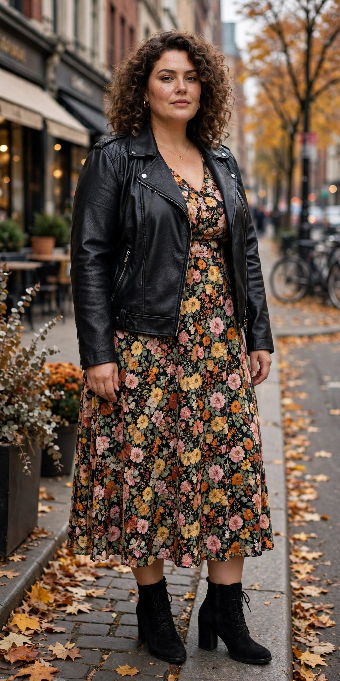 Plus size faux leather moto jacket over a floral midi dress