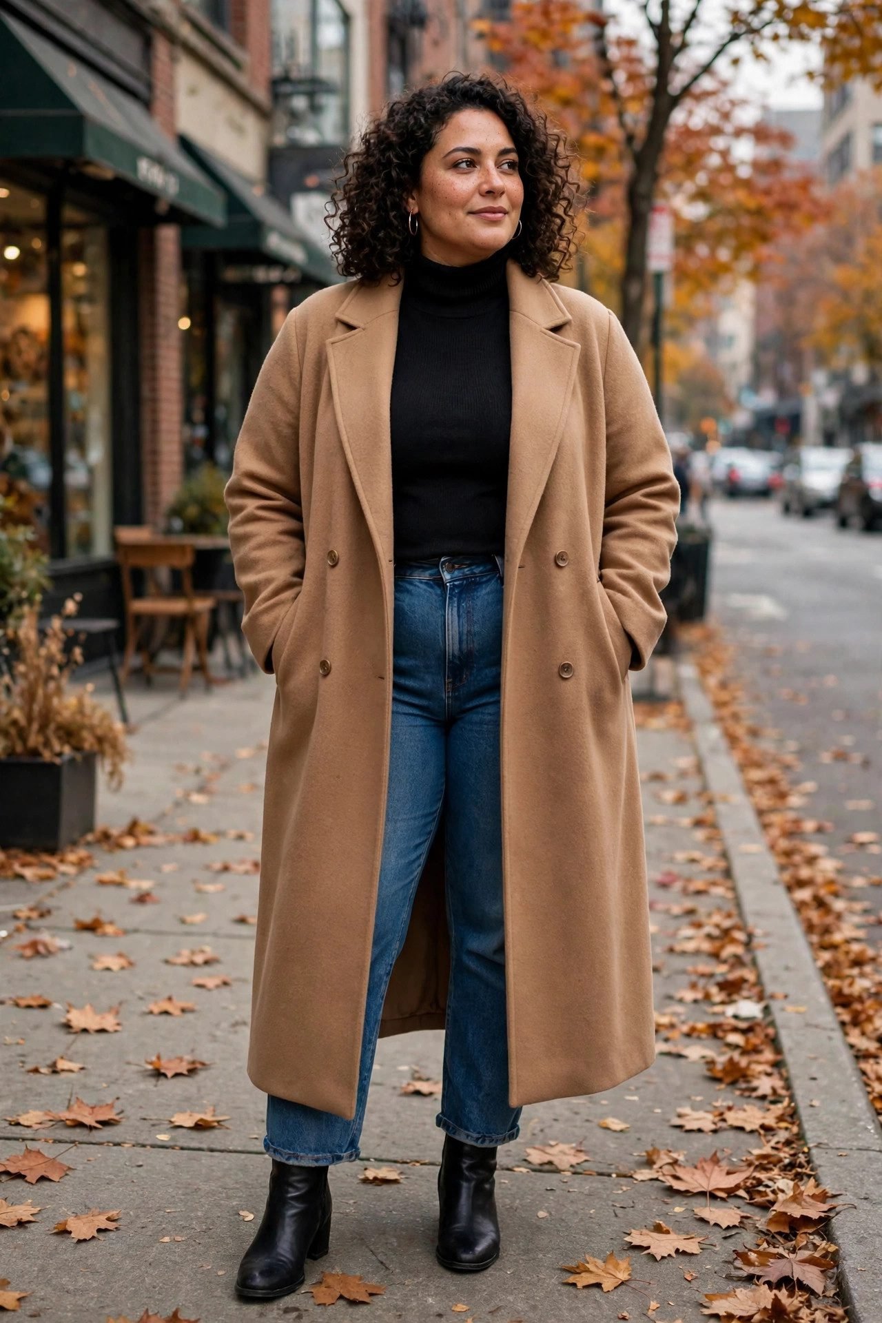 Plus size camel duster coat with black turtleneck and jeans