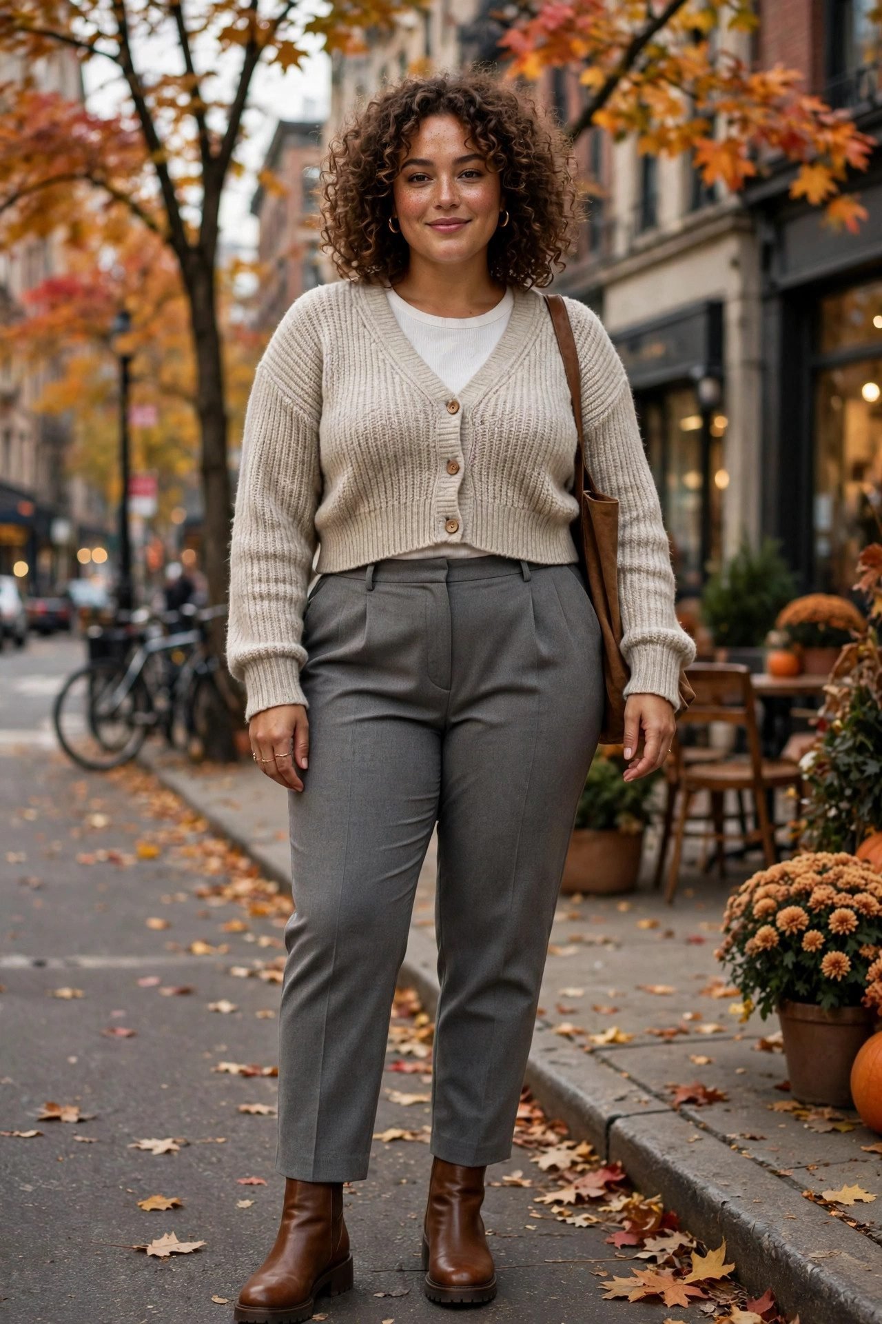 Plus size tailored trousers with a cropped cardigan