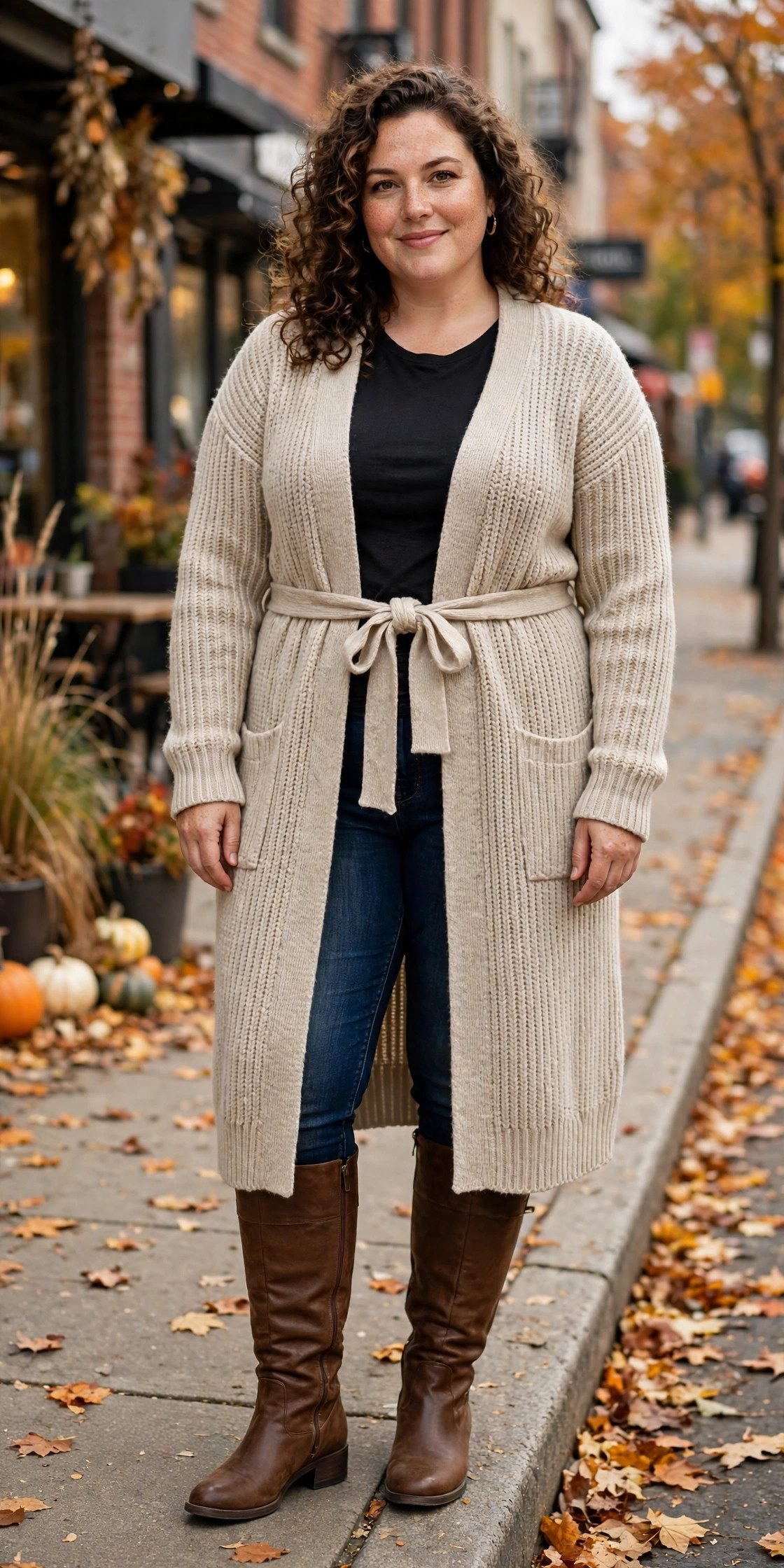 Plus size longline cardigan with skinny jeans and boots