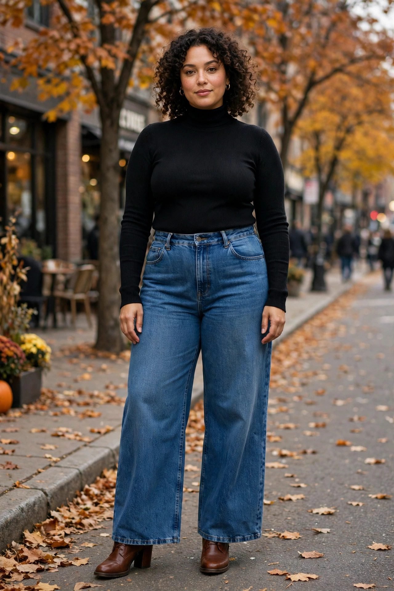 Plus size high-rise wide-leg jeans with a fitted turtleneck