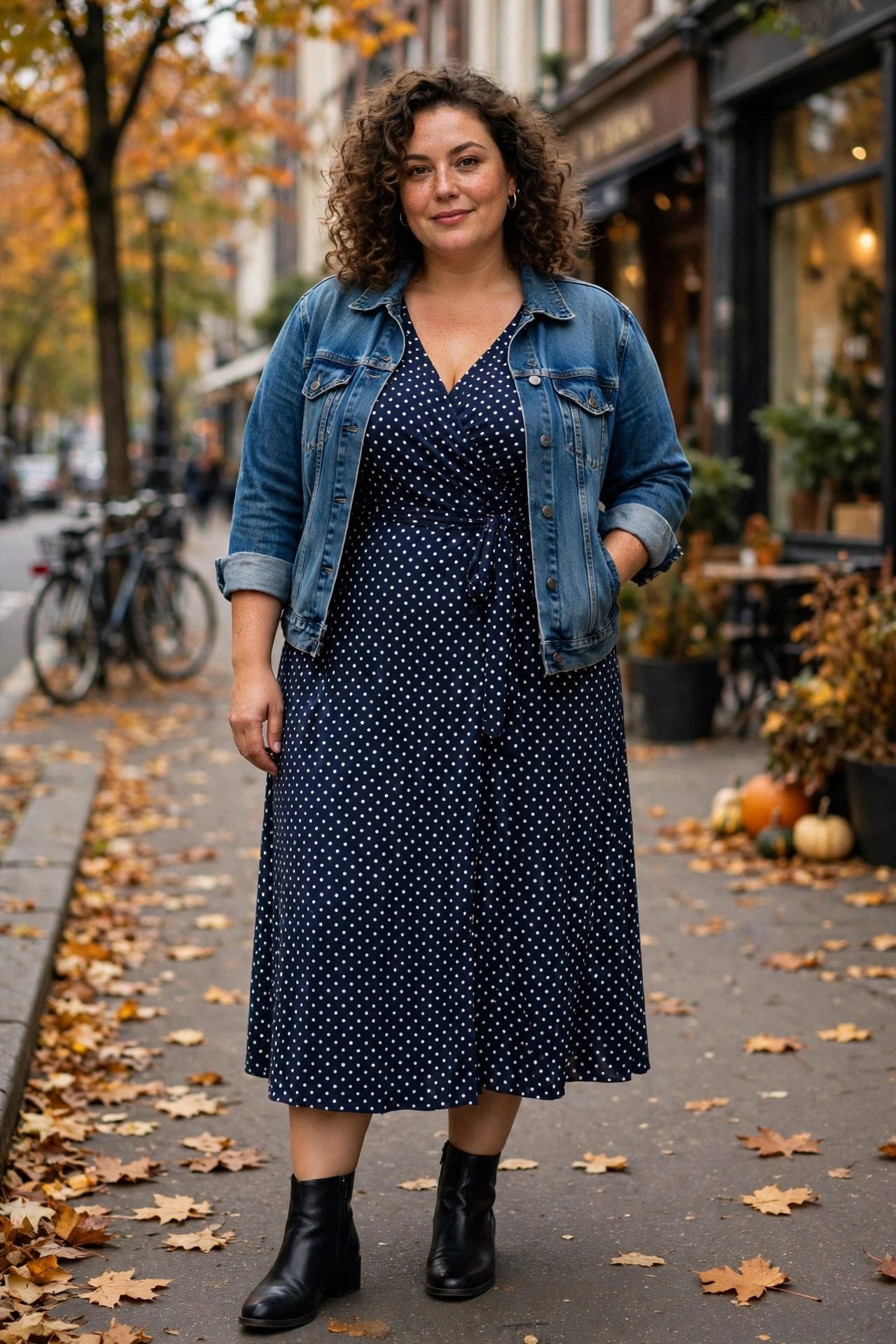 Plus size polka-dot midi dress with a denim jacket