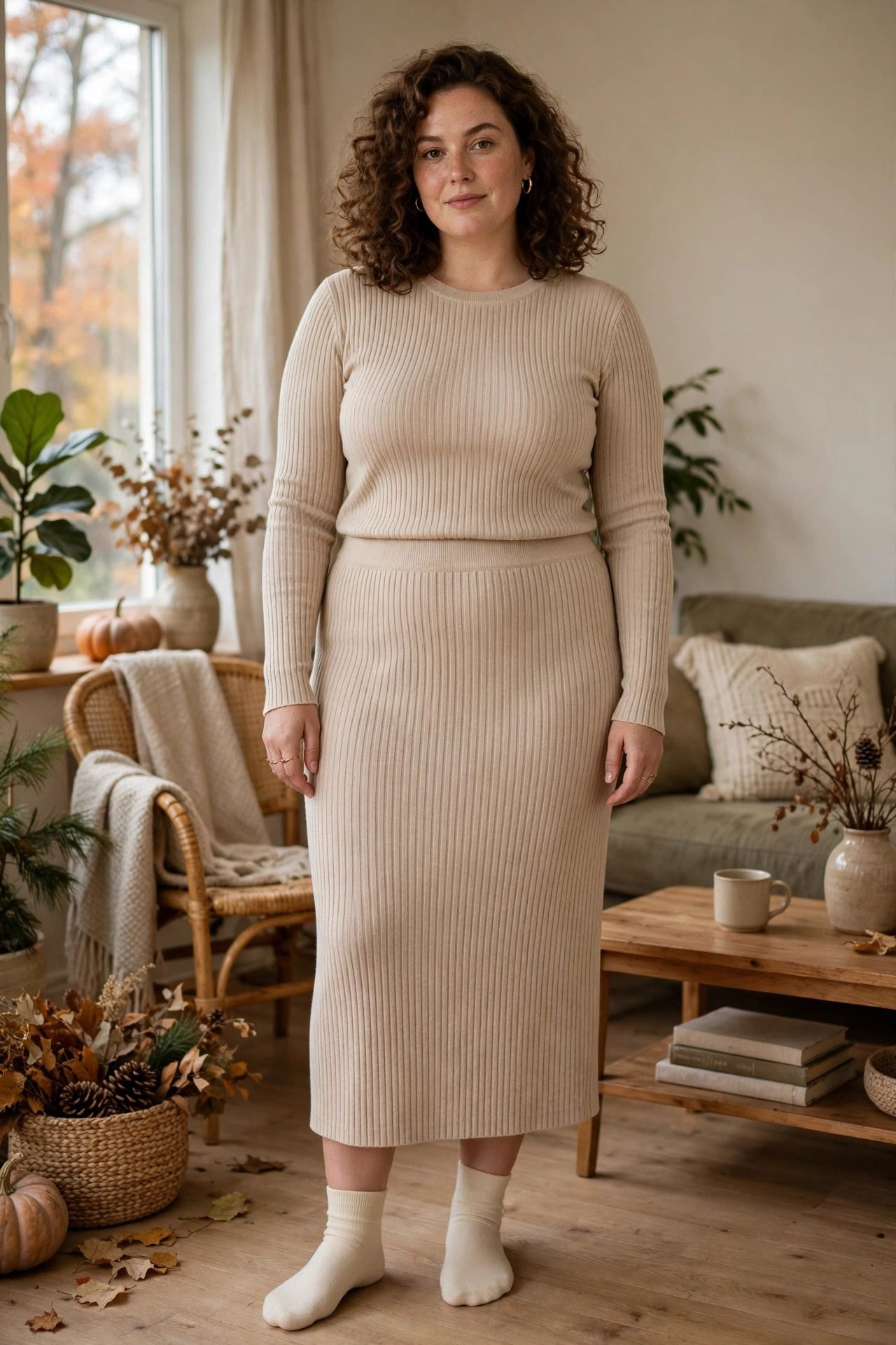 Plus size ribbed knit two-piece set for fall
