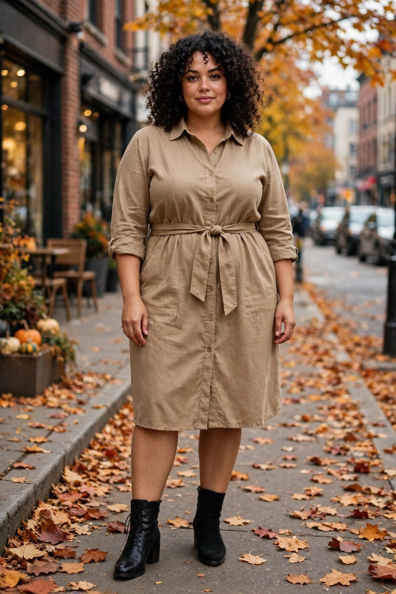 Plus size belted shirt dress with ankle boots
