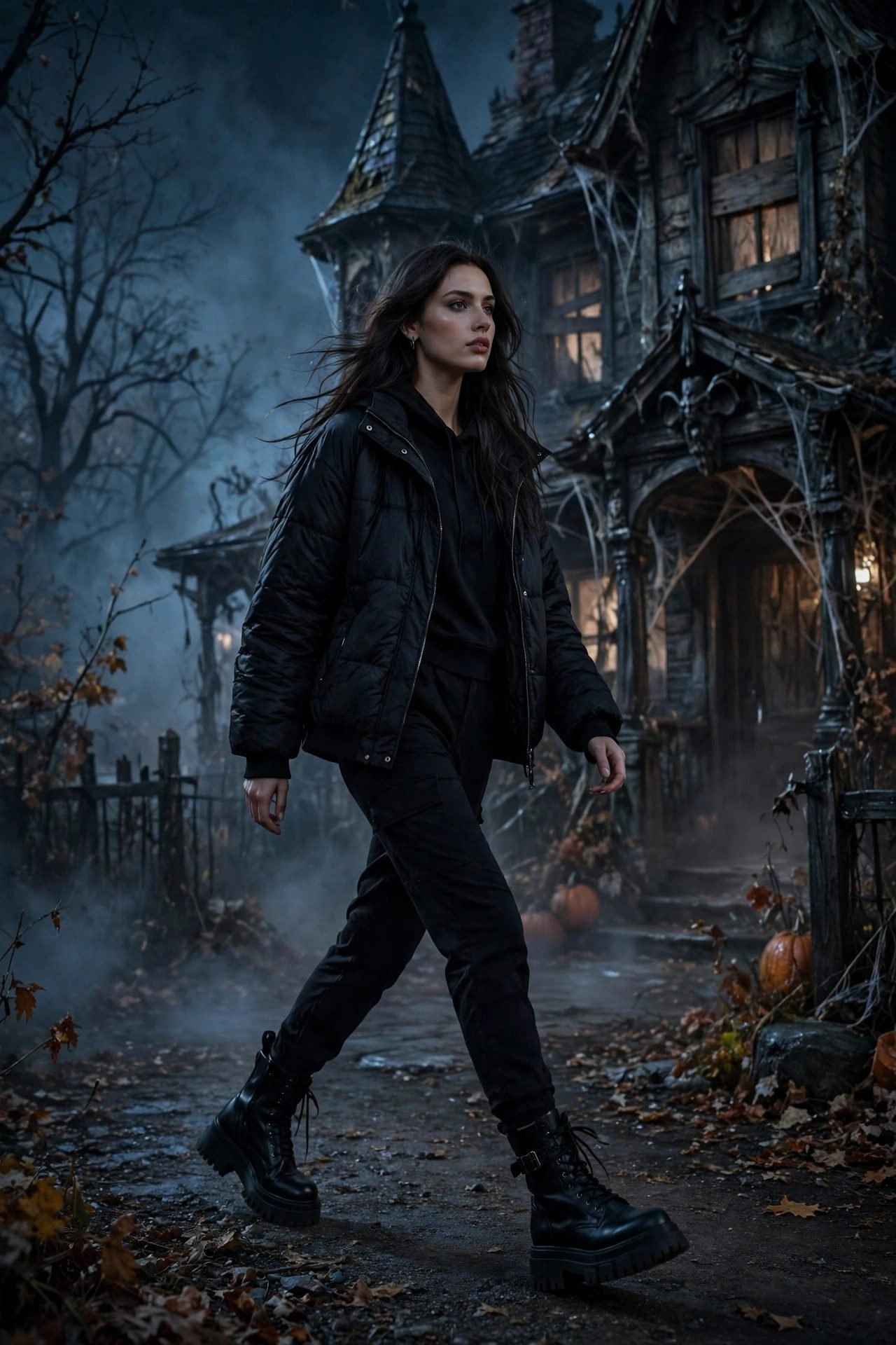 All-black outfit with combat boots for a haunted house night