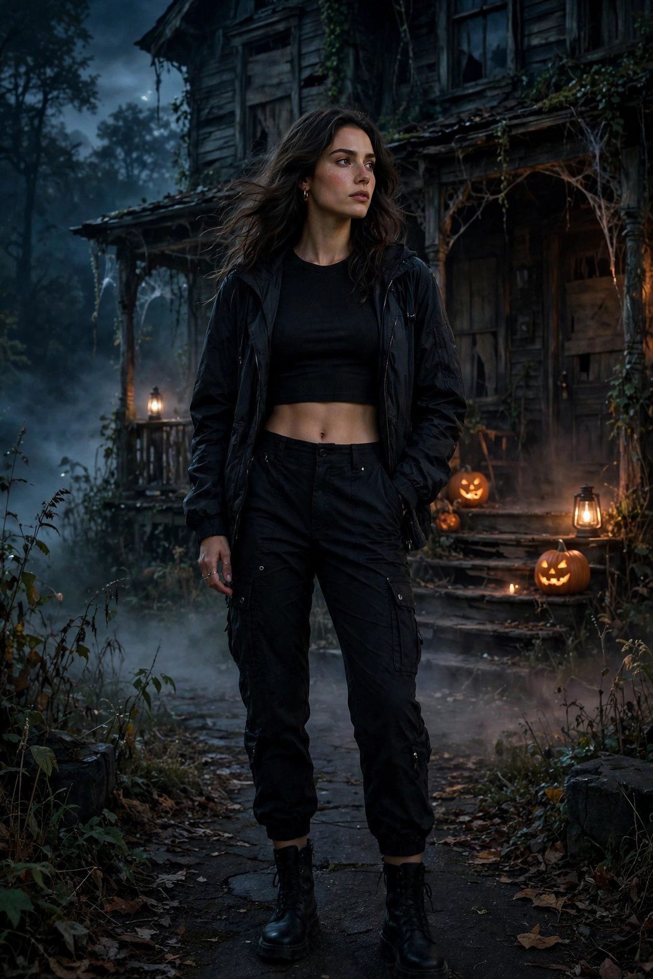 Black cargo pants with a cropped top and jacket for a haunted house