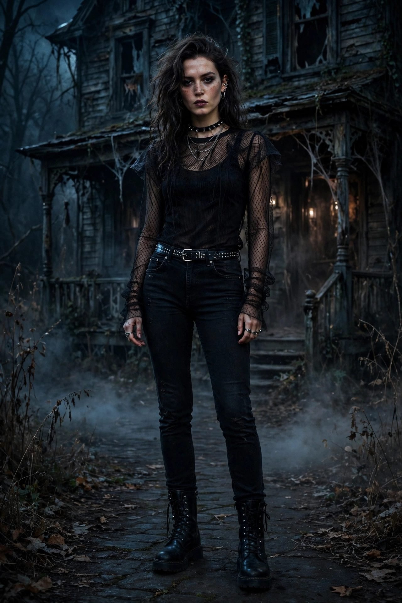 Mesh-layer top with black jeans for an edgy haunted house outfit