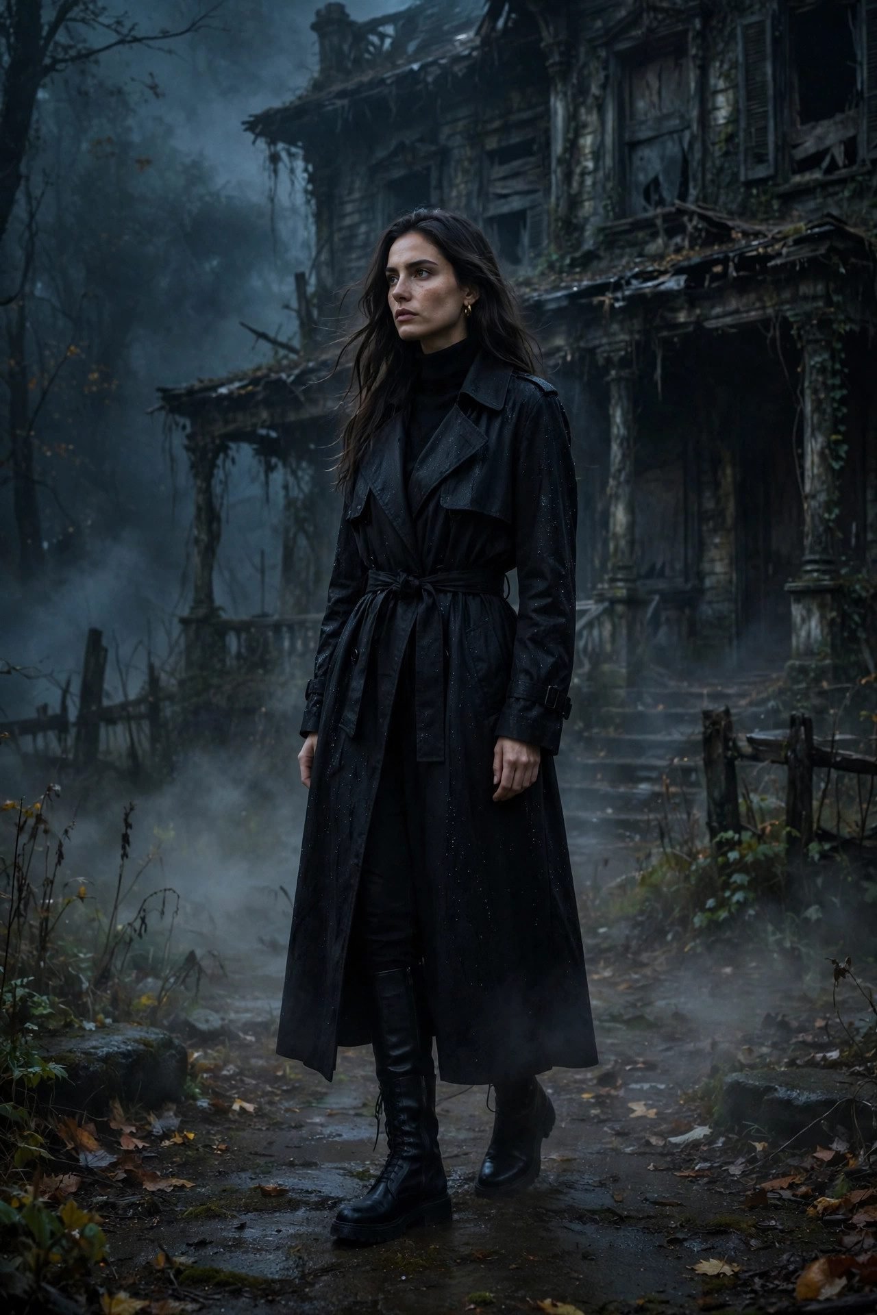 Black trench coat with boots, a mysterious haunted house outfit