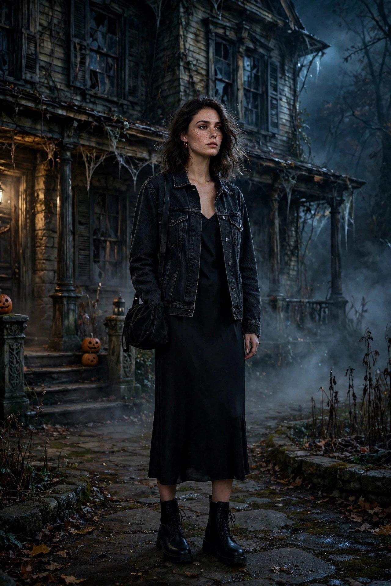 Black denim jacket over a black dress for a haunted house night