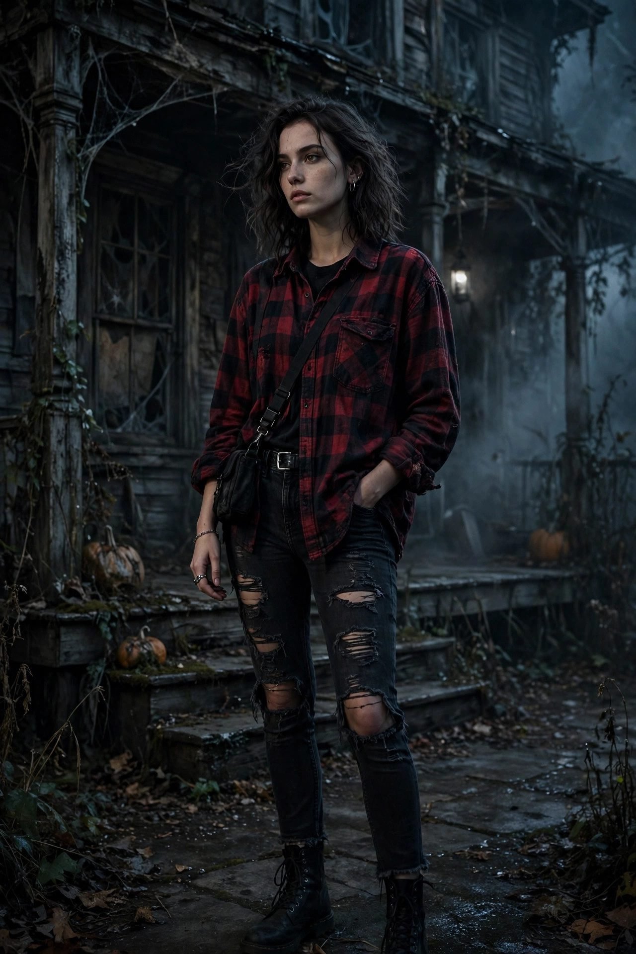 Dark grunge flannel with ripped black jeans for a haunted house