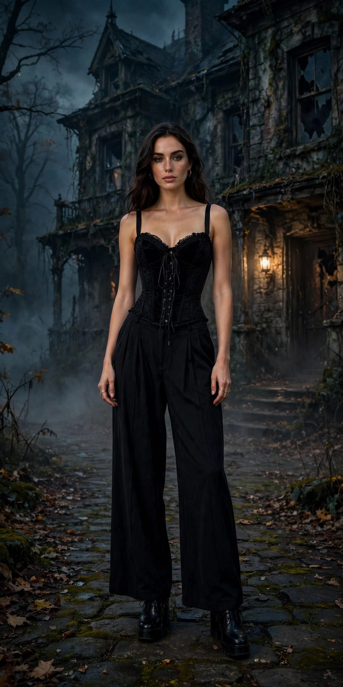 Black corset top with wide-leg pants for a haunted house night out